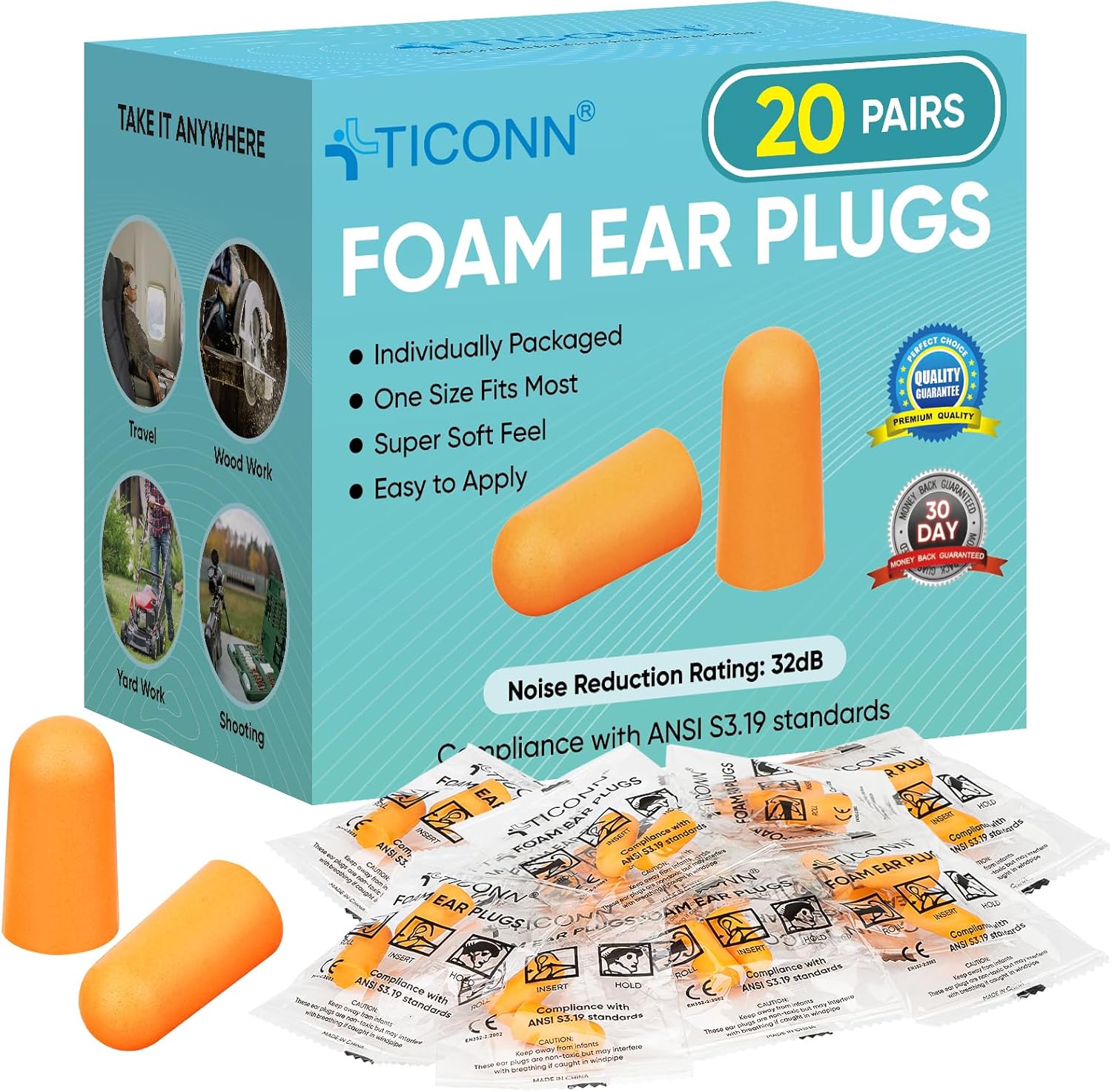 TICONN 20 Pairs Ear Plugs, 32dB Noise Reduction Earplugs for Sleeping Hearing Protection Travel Study Concentration Construction Site (20 Pairs)