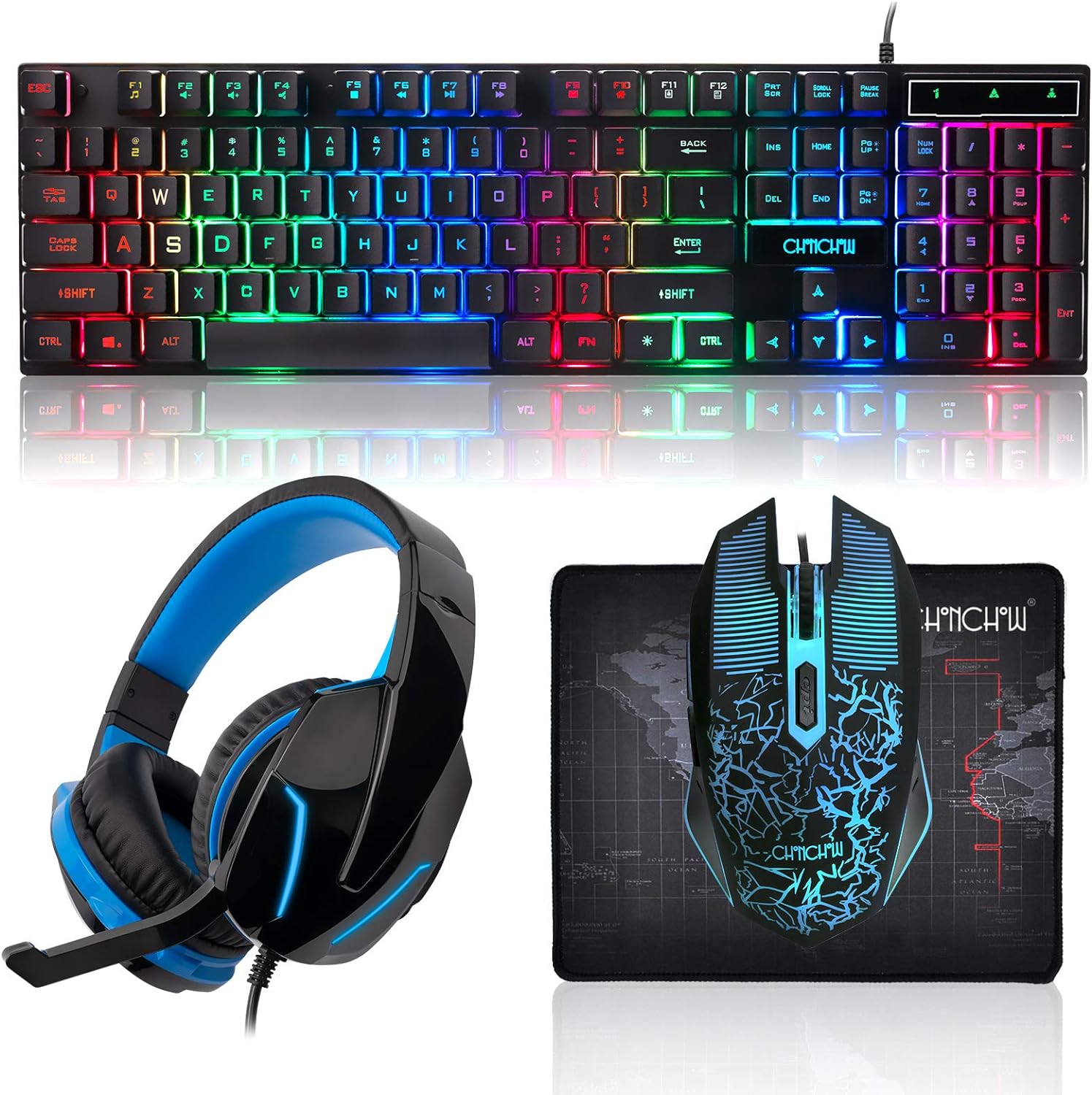 Gaming LED Keyboard Mouse Headset and Mousepad Bundle, CHONCHOW Wired Rainbow LED Light Up Gaming Keyboard Mouse Headset, Value 4 in 1 Gaming Set for Xbox PS4 PS5 PC Laptop Gamer