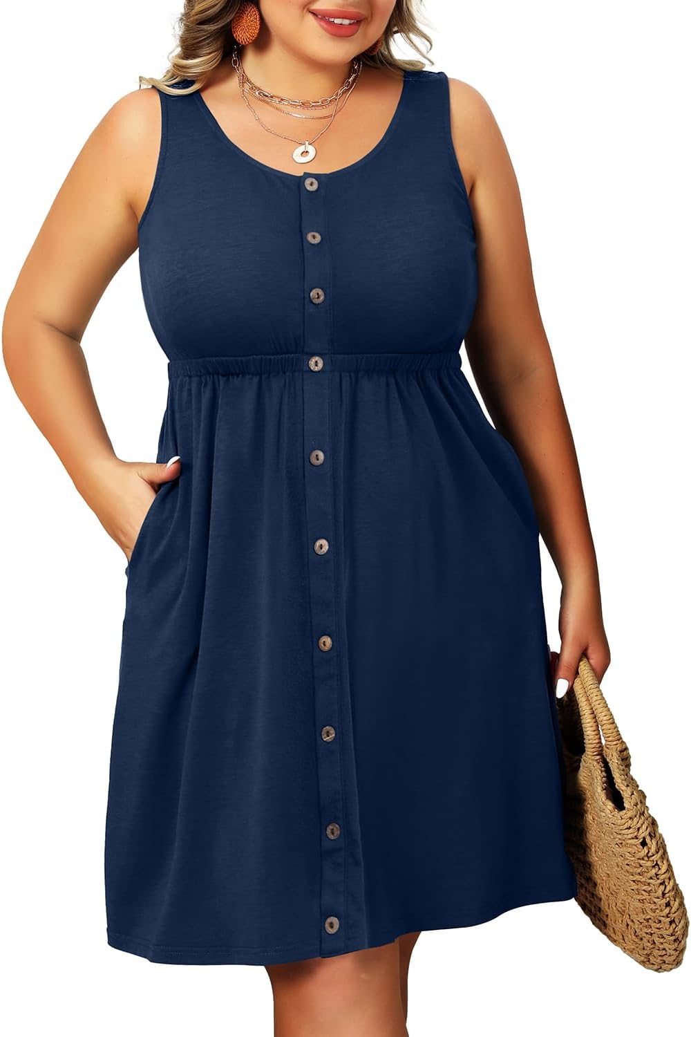 Pinup Fashion Women' Plus Size Summer Dresses Casual Pockets A-Line Button Down Sleeveless Scoop Neck Dress