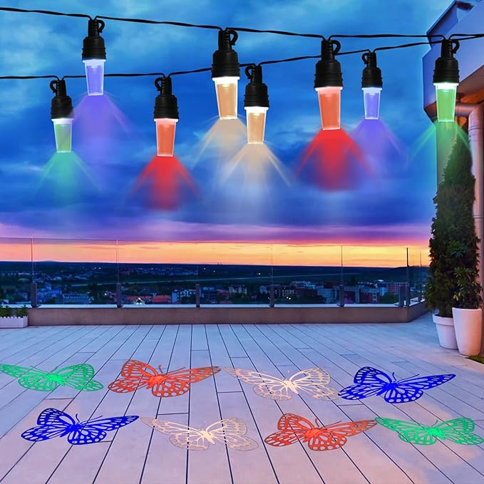 Vigdur 31.4FT Butterfly Decortative String Lights - 10 Projector Lights Outdoor Patio Lights Plug in Indoor Outdoor Lights for Party Patio Yard Bedroom Xmas Decor