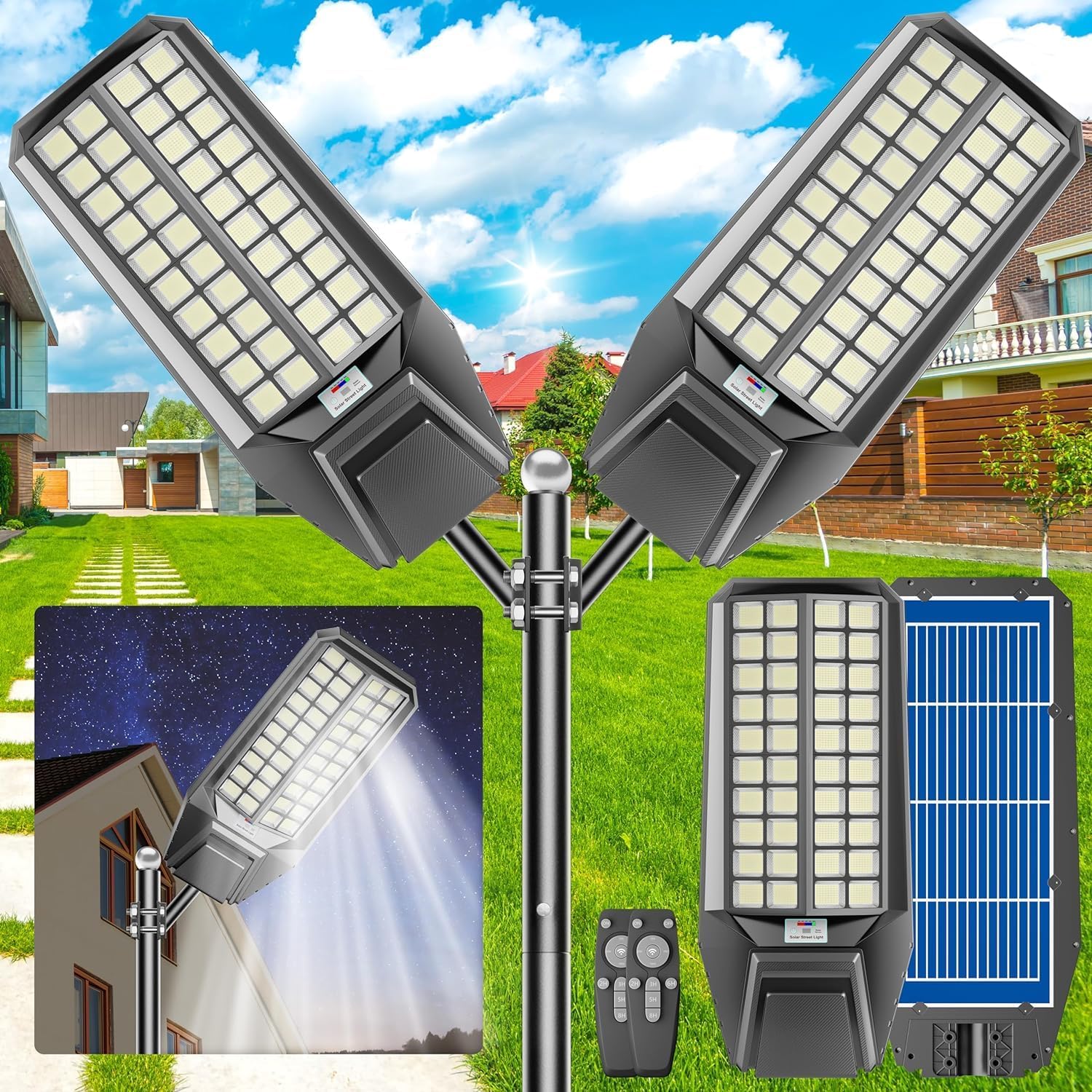 2-Pack 8000W Solar Street Light - 600000 Lumens, Dusk-to-Dawn, Waterproof, Ideal for Commercial & Outdoor Parking Lots - Energy-Efficient Solar-Powered, 3-Year Warranty