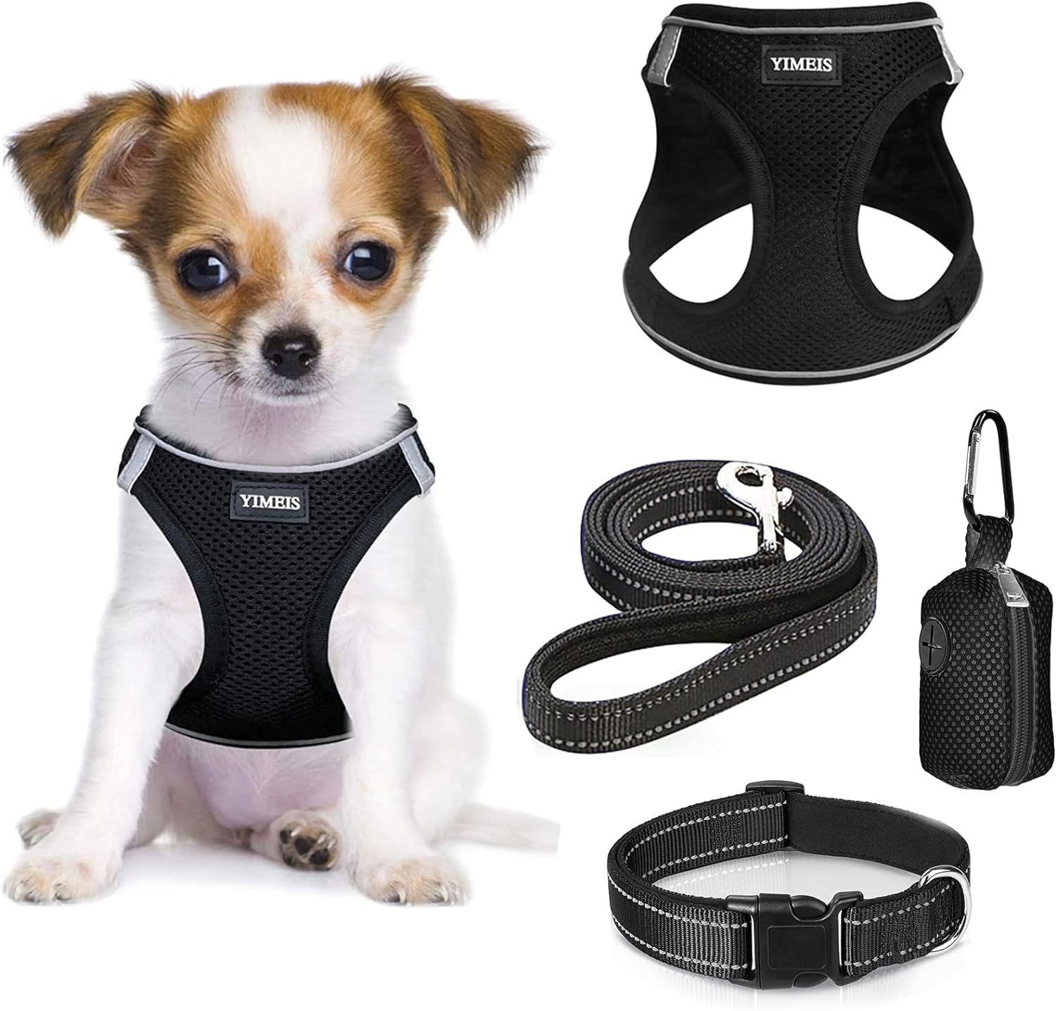 YIMEIS Dog Harness and Leash Set, No Pull Soft Mesh Pet Harness, Reflective Adjustable Puppy Vest for Small Medium Large Dogs, Cats (Black-Update, X-Small (Pack of 1)