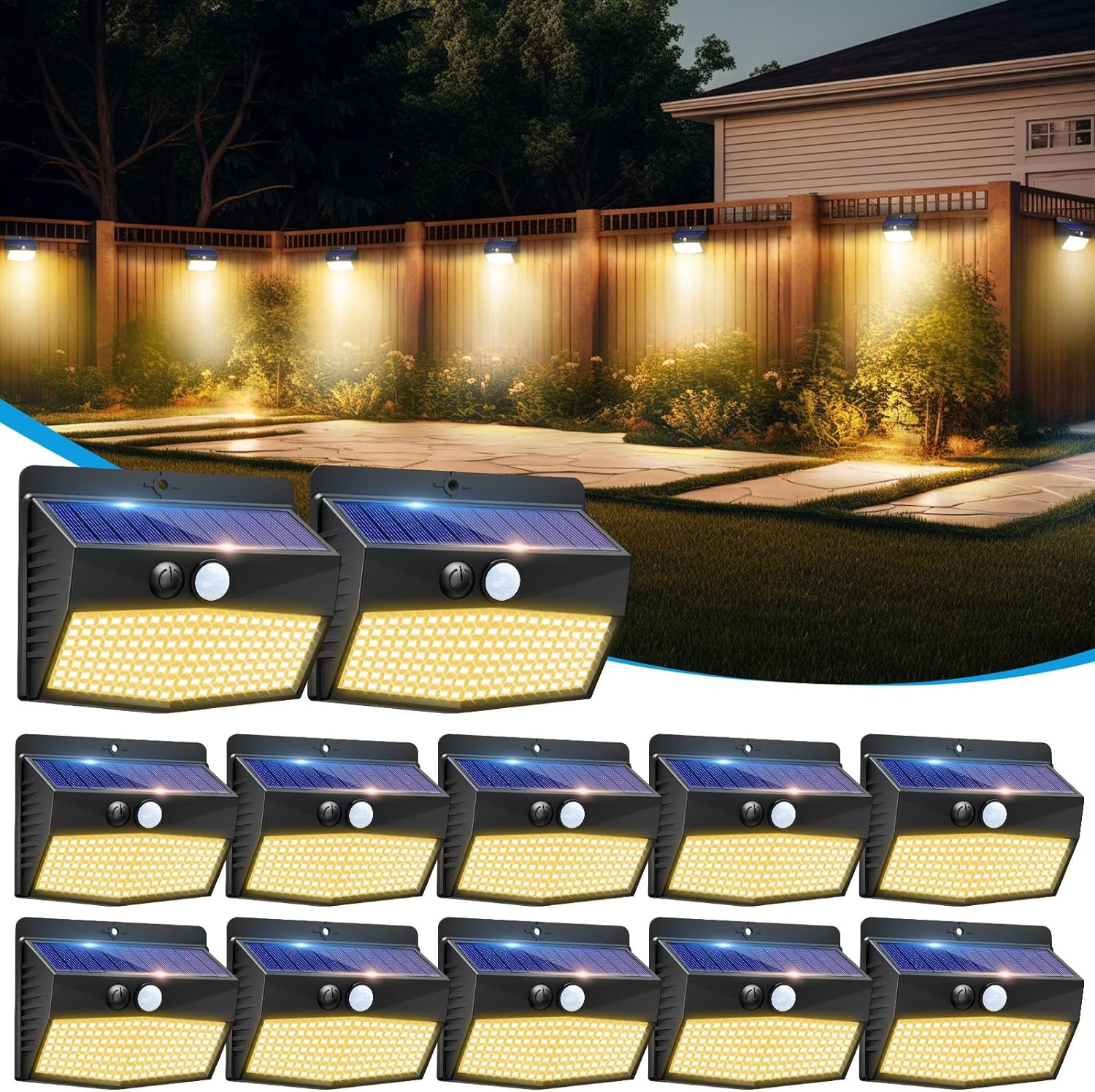 Solar Motion Sensor Lights Outdoor [ 12 Packs/138 LED ] Solar Fence Lights with 3 Lighting Modes, Solar Powered Security Lights Waterproof for Outside Yard Garden Backyard Deck Step Garage,Warm White