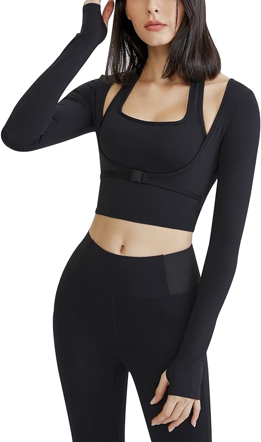 Gihuo Long Sleeve Crop Top Workout Women Athletic Yoga Running Cropped Tops Slim Fit Sport Gym Shirts