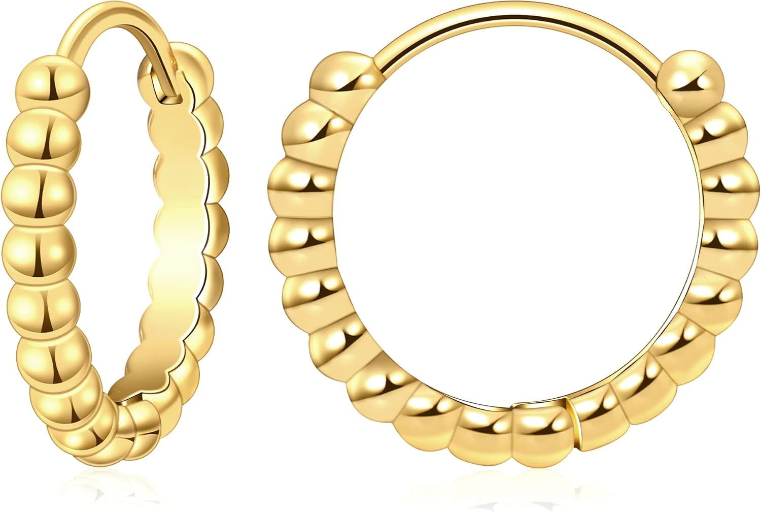 Fiusem Small Bead Gold Huggie Hoop Earrings for Women, Hypoallergenic 14K Gold Plated Huggie Earring, Tiny Hoops 8/10/12 mm
