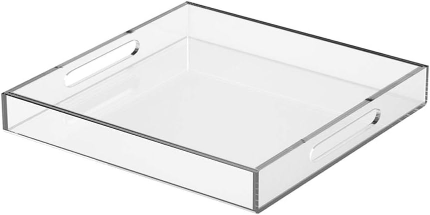 NIUBEE Acrylic Serving Tray 15x15 Inches -Spill Proof- Clear Decorative Tray Organiser for Ottoman Coffee Table Countertop with Handles