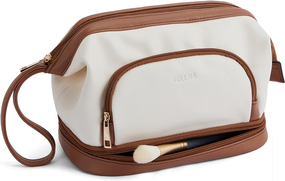 Telena Makeup Bag Large Capacity Travel Cosmetic Bags Double Layer Portable Leather Make Up Bag for Women Beige with Brown