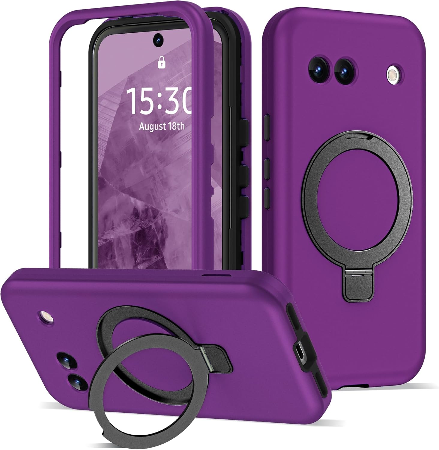 for Google Pixel 8A Case with Invisible Magnetic Ring Stand, Compatible with Mag-Safe, 3 in 1 Full Body Protection Pixel 8A Phone Case for Women Men, Purple