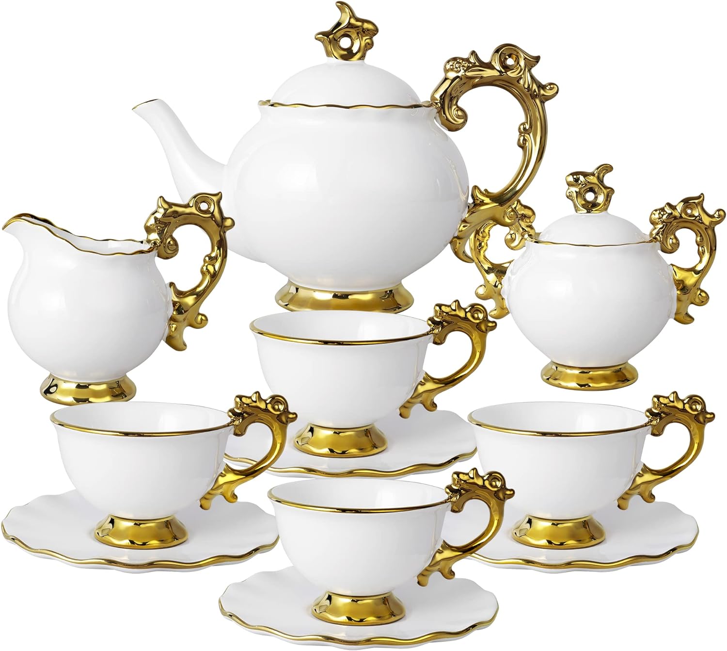 fanquare 15 Piece Vintage Porcelain Tea Set for 6, White Large Tea Cups Set, Tea Party Set for Adults