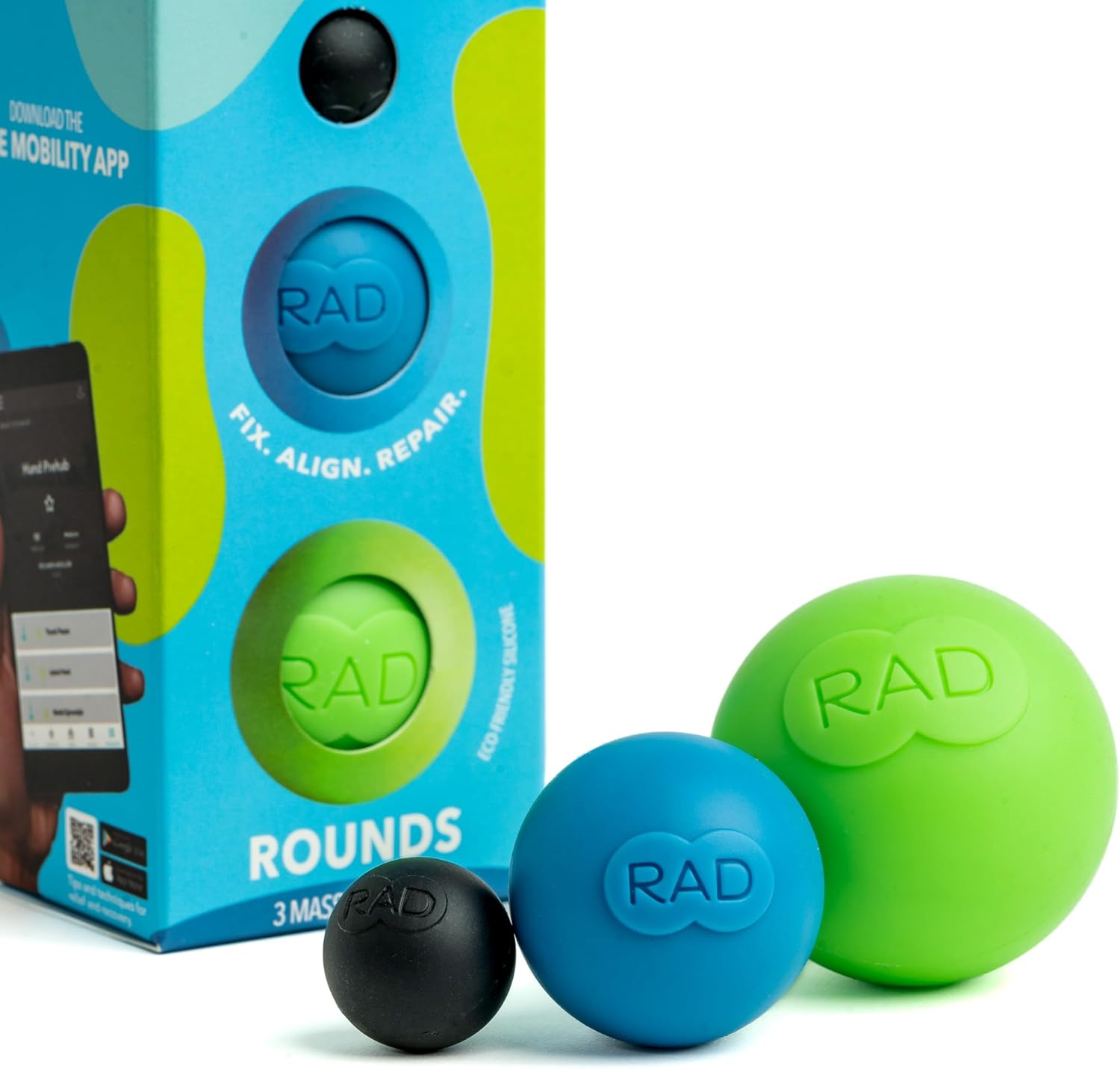 RAD Rounds Massage Balls in Green, Blue and Black - Silicone Manual Massage Balls for Jaw, Plantar Fasciitis and Myofascial Release