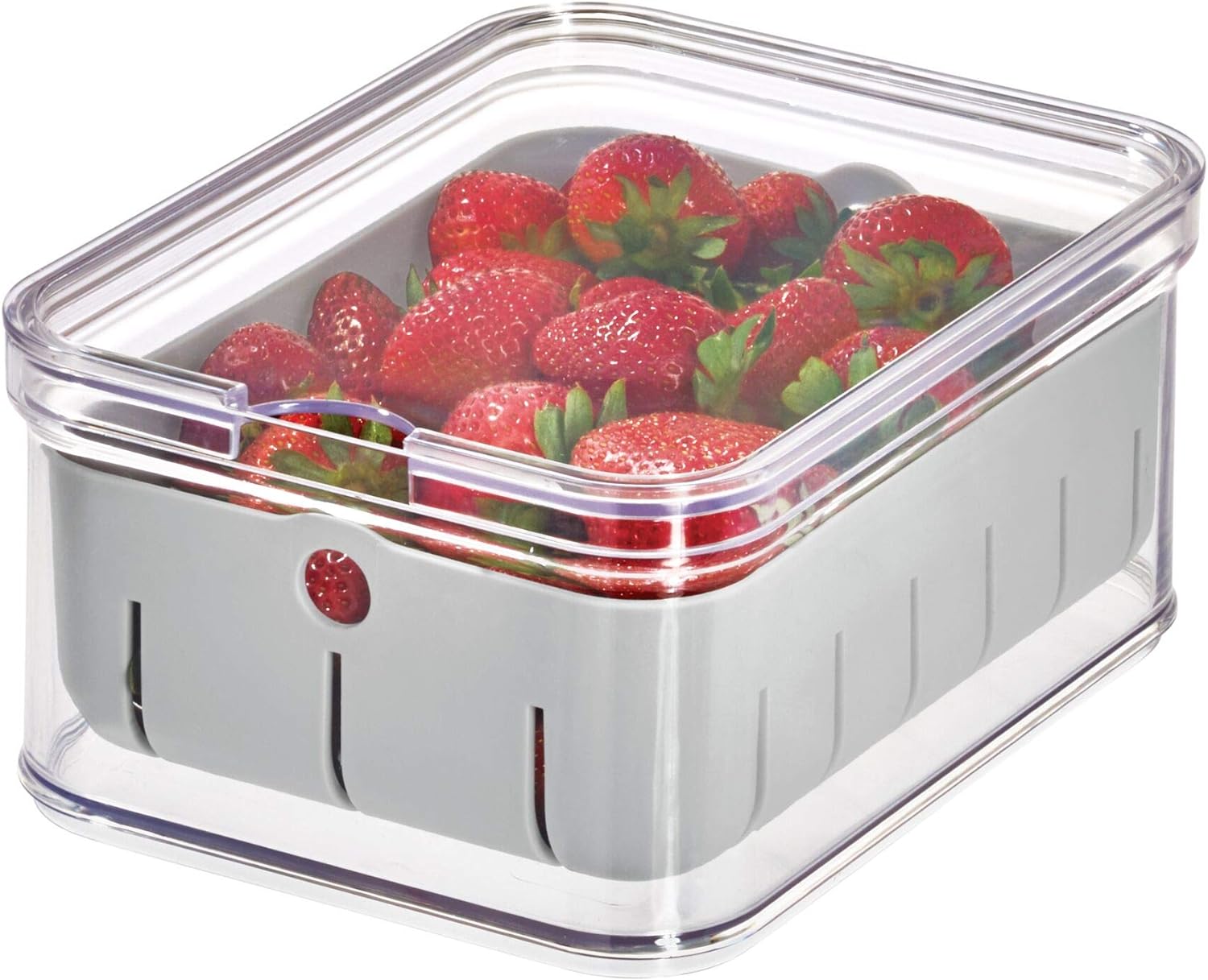 iDesign Recycled Plastic Crisp Produce Storage Containers with Lid and Colander Basket Designed to Keep Food Fresh Longer, 8.32 x 6.32 x 3.76, Clear/Gray