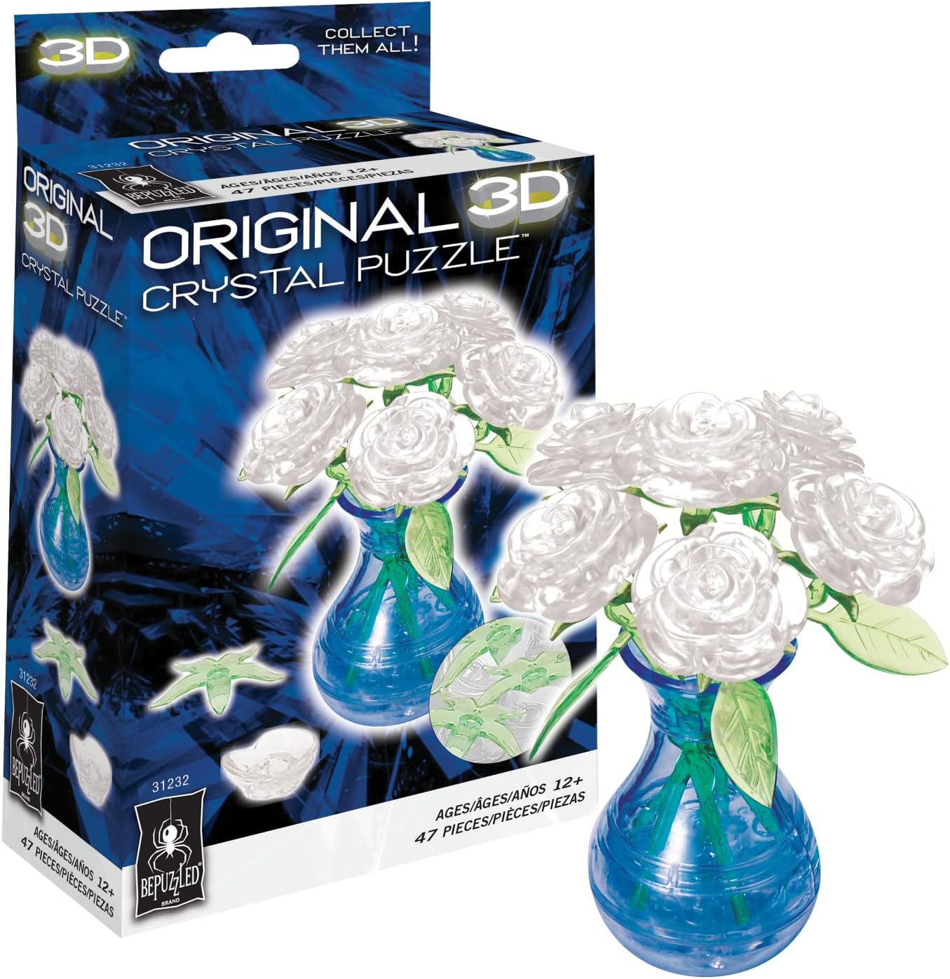 BePuzzled | Roses in Vase White, Original 3D Crystal Puzzle, Ages 12 and up