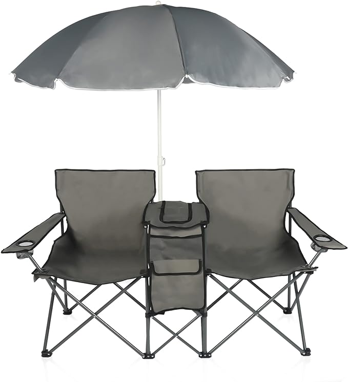 Double Folding Camping Chair W/Umbrella Fold Up Table Beverage Holder Carrying Bag Cooler for Patio Pool Park Outdoor Beach, Picnic, Portable (Grey)