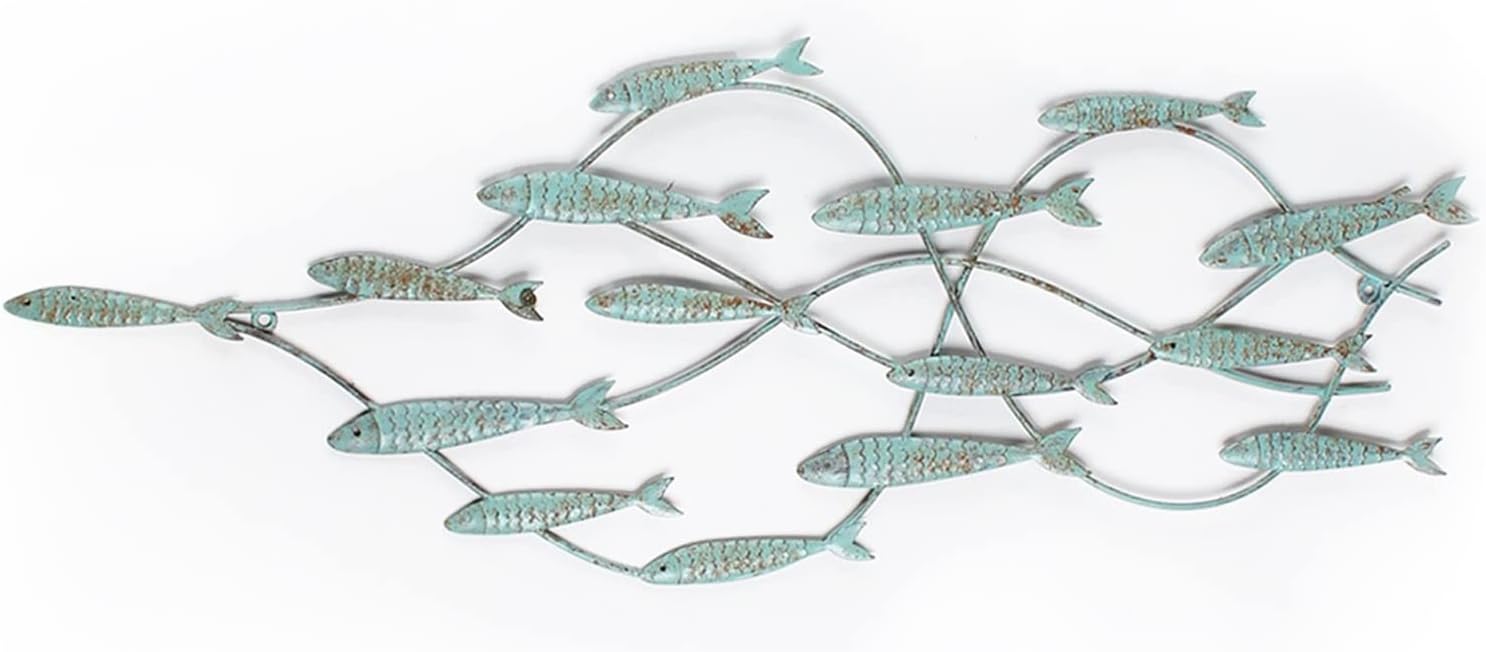 Adeco DN0004 Decorative Distressed Blue Iron School of Fish Wall Hanging Accents Decor Widget, Blue