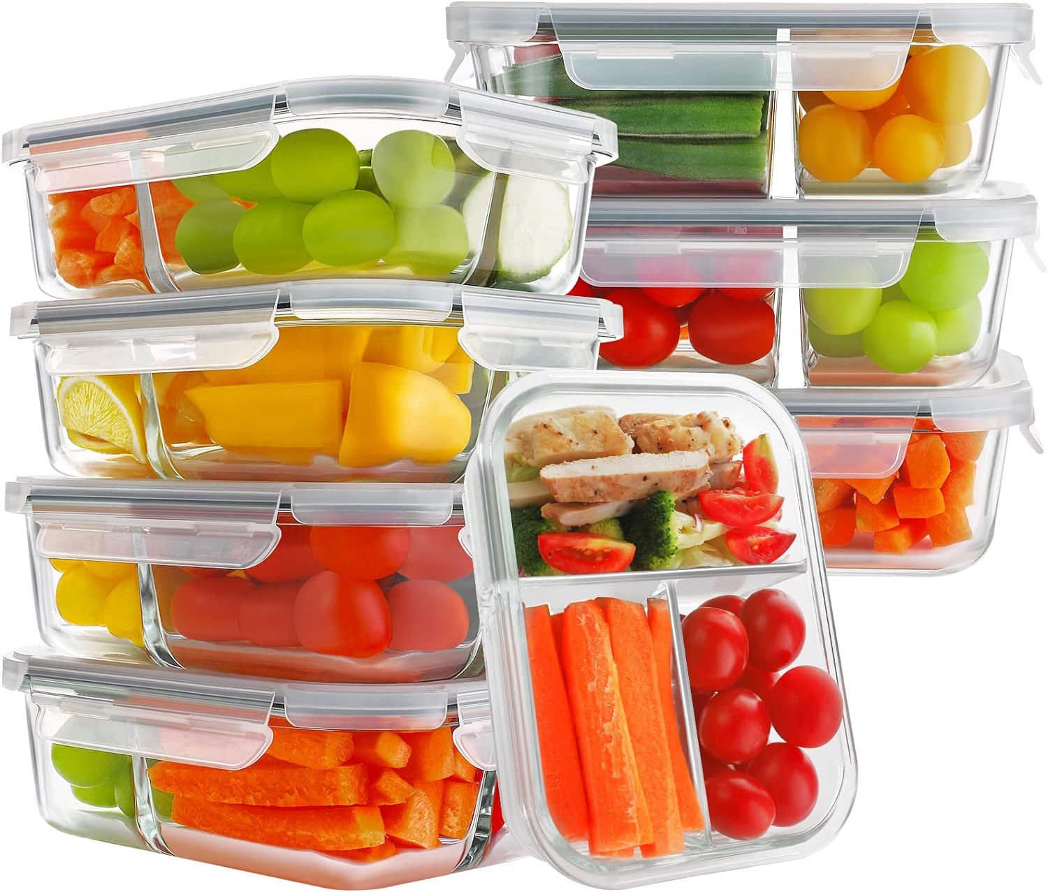 8 Pack Glass Meal Prep Containers 3 Compartment, 36oz Glass Food Storage Containers with Lids, Airtight Glass Lunch Bento Boxes, BPA-Free & Leak Proof (8 lids & 8 Containers) - Grey