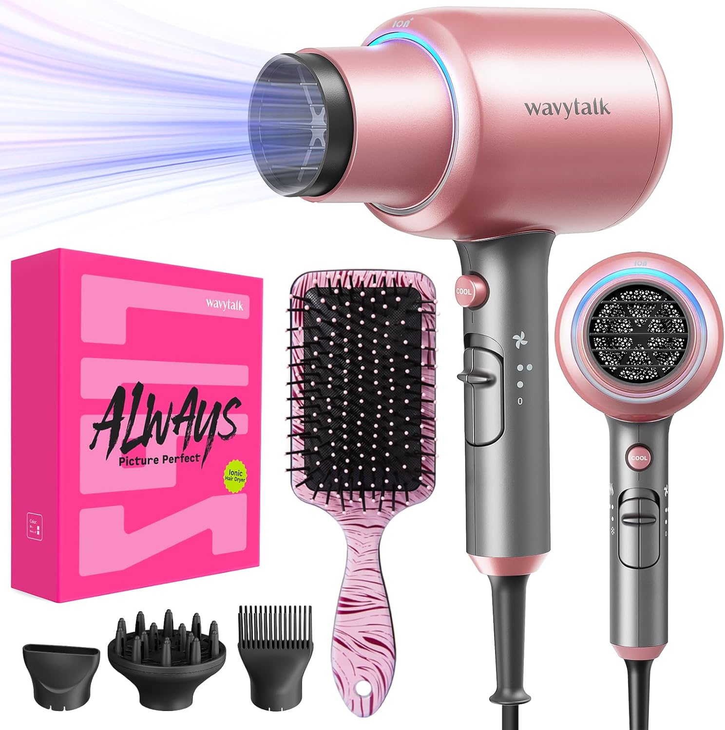 Wavytalk Ionic Hair Dryer Blow Dryer with Diffuser Concentrator Nozzles Comb and Brush Negative Ions with Ceramic Technology as Salon Light and Quiet 1875W for All Hair Types