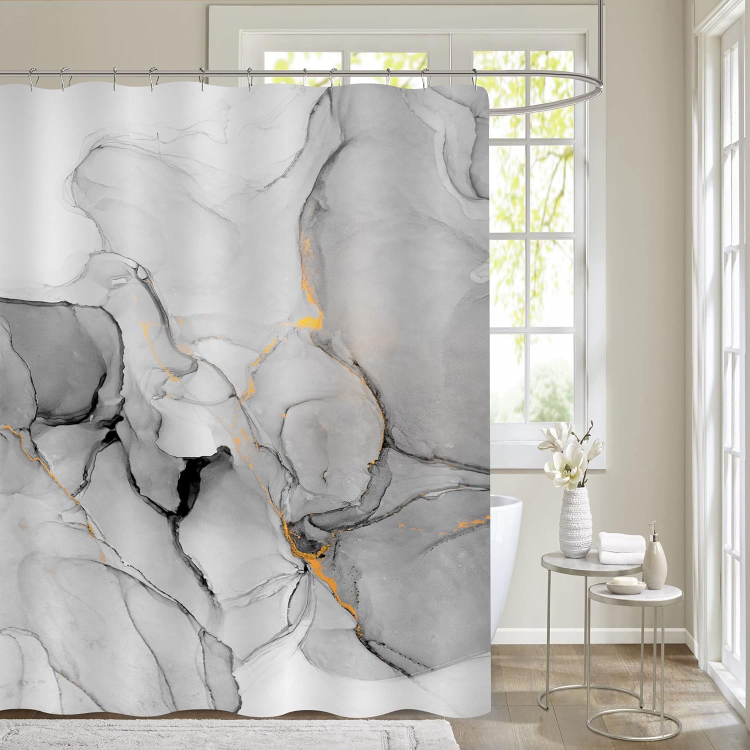 Gibelle Extra Long Shower Curtain 72 x 84, Tall Abstract Grey Marble Shower Curtain, Modern Ink Art Waterproof Fabric Shower Curtain Set with Hooks