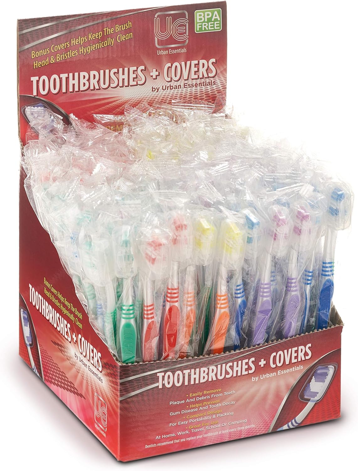 Urban Essentials Bulk Toothbrush Package with Covers | Premium Quality Individually Wrapped Colorful Tooth Brush Pack | Extra Soft Toothbrush Having Hygienic Cap with Ergonomic Handle (100 Pack)