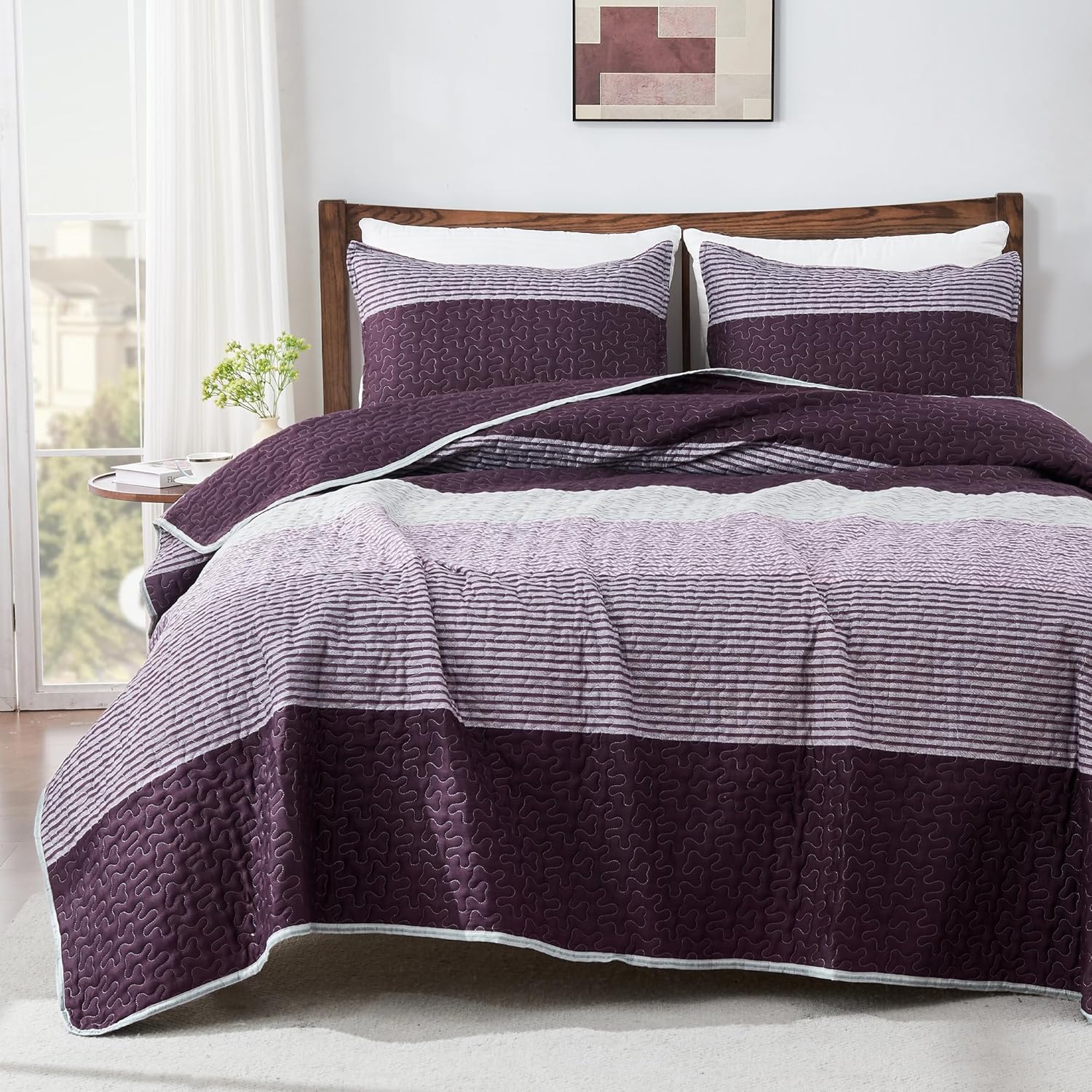 Andency Stripe Quilt Set Twin(68x86Inch), 2 Pieces (1 Striped Quilt and 1 Pillowcase) Purple and Grey Patchwork Bedspread Coverlet Set, Soft Microfiber Quilted Bedding Set