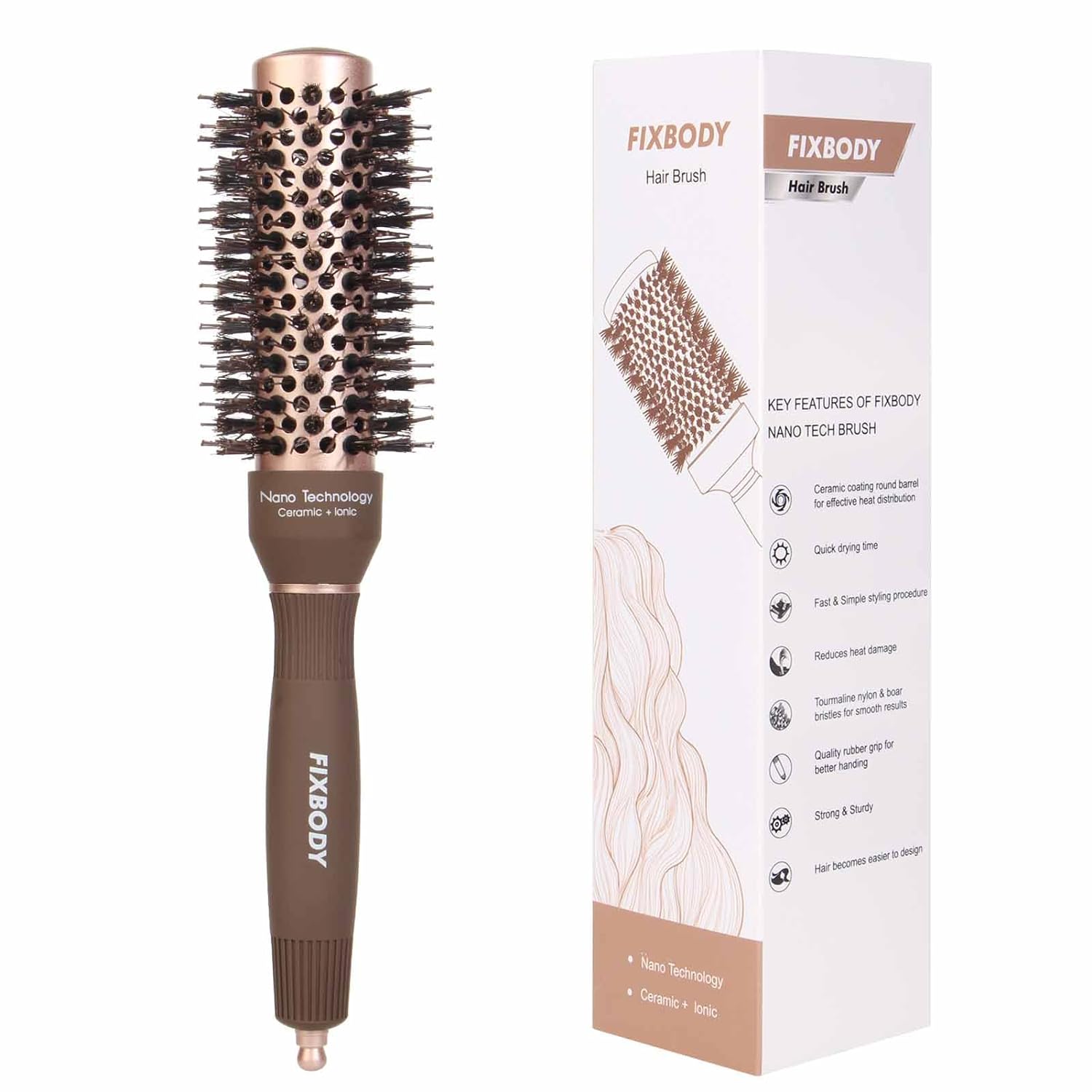 FIXBODY Round Hair Brush with Boar Bristles, Nano Thermal Ceramic, Ionic Tech and Anti-Static, Roller Hairbrush for Blow Drying, Curling, Straightening (2.5 inch, Barrel 1.25 inch)