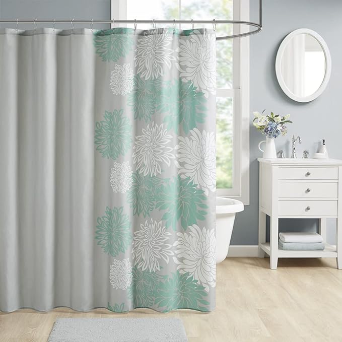 Comfort Spaces Enya Bathroom Shower Floral Printed Cute Chic Microfiber Fabric Bath Curtains, 72x72, Aqua/Grey