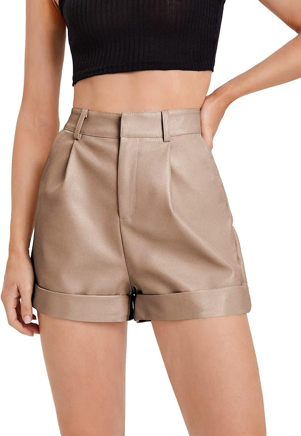 WDIRARA Women' High Waisted PU Leather Shorts Roll Hem Shorts with Pockets