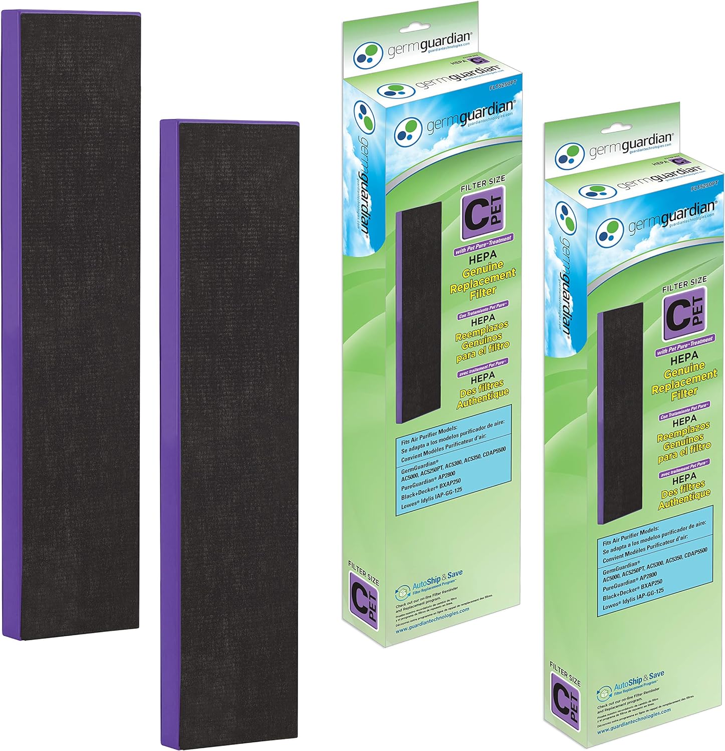 GermGuardian Filter C Pet Pure HEPA Genuine Air Purifier Replacement Filter, Removes 99.97% of Pollutants, for AC5000, AC5250, AC5300, AC5350, CDAP5500, AP2800, 2-Pack, Black/Purple, FLT5250PT2PK