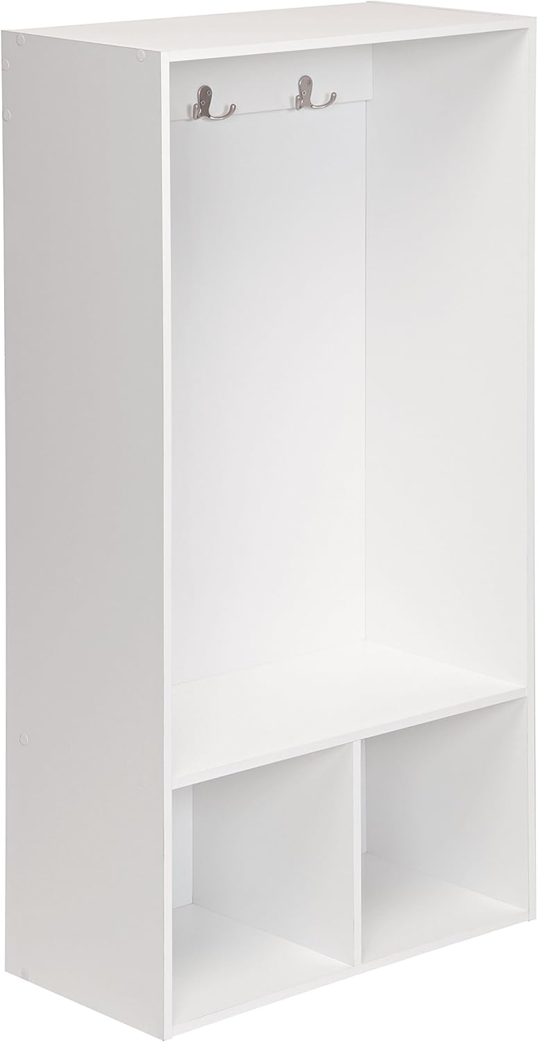 ClosetMaid KidSpace Wood Locker, 2 Cubby Cube Compartments Open Storage, 3 Hooks, for Coats, Backpacks, Jackets, White Finish, 47-Inch