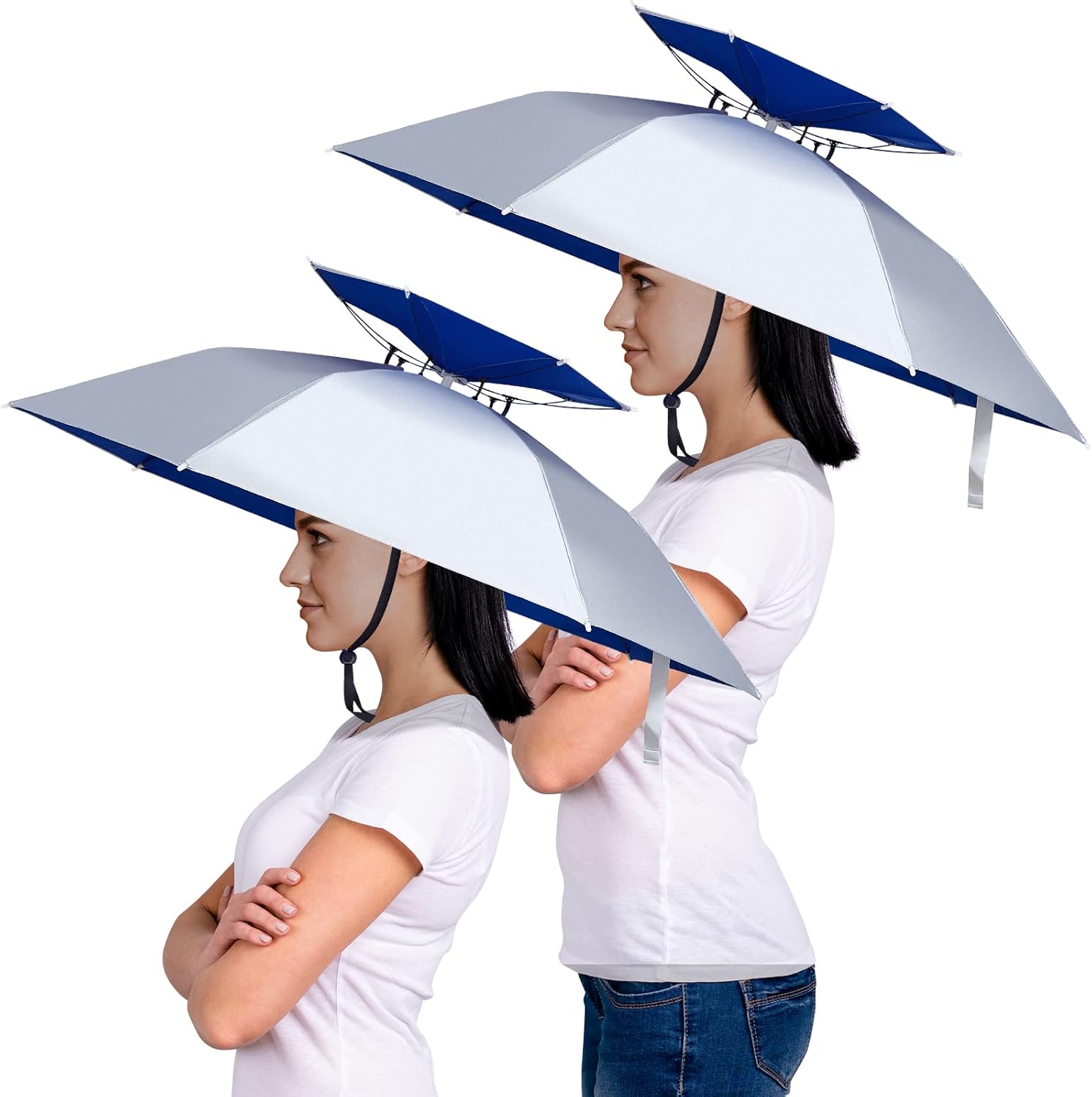 Amylove 2 Pcs 37'' Diameter Large Umbrella Hat for Adults Kids Double Layer Folding Compact UV Rain Protection Umbrella Cap Adjustable Headwear for Fishing Camping Gardening Beach