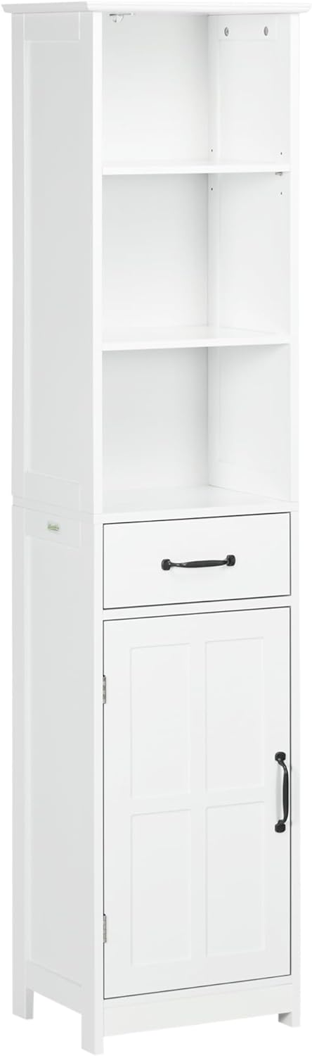 kleankin Slim Bathroom Storage Cabinet, Tall Bathroom Cabinet, Linen Tower with 3 Open Shelves, Drawer, Recessed Door and Adjustable Shelf, White