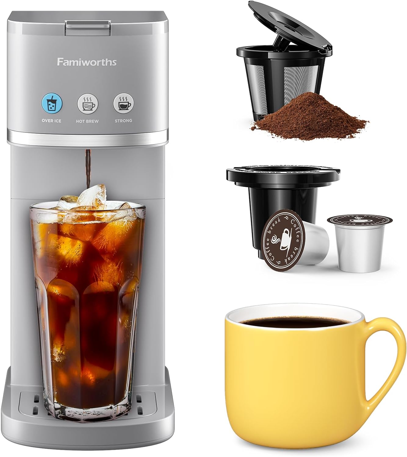 Famiworths Single Serve Coffee Maker, Iced and Hot Coffee Machine for K Cup & Ground Coffee, 6 to 16 Oz Brew Sizes, Fit 8.5" Travel Mug, Capsule Coffee Machine with Descaling Reminder, Gray