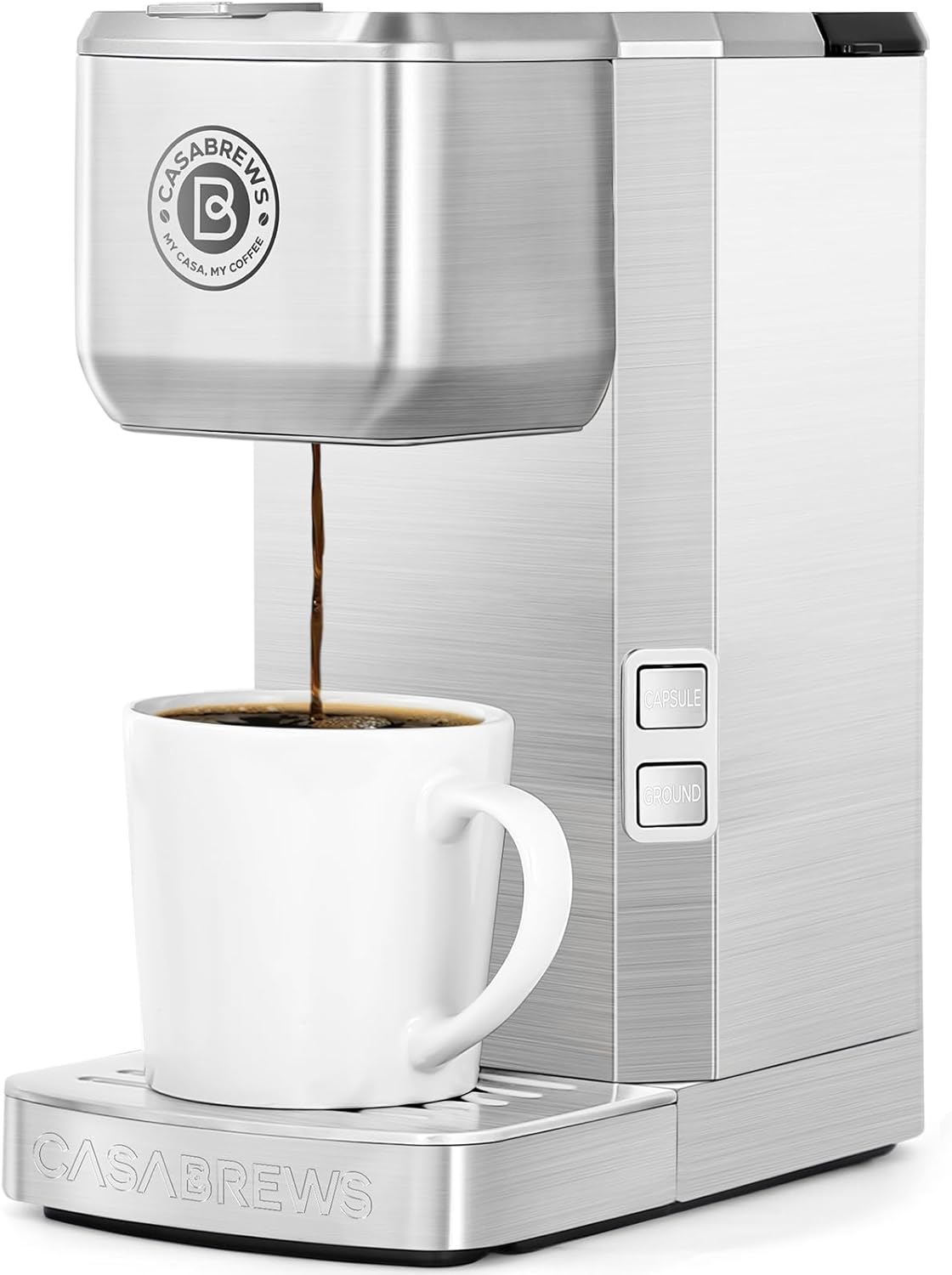 CASABREWS Single Serve Coffee Maker, Stainless Steel Coffee Machine for K Cup Capsule or Ground Coffee, Compact Coffee Brewer with Descaling Reminder, 6 to 14 oz Brew Sizes, Gifts for Mom and Dad