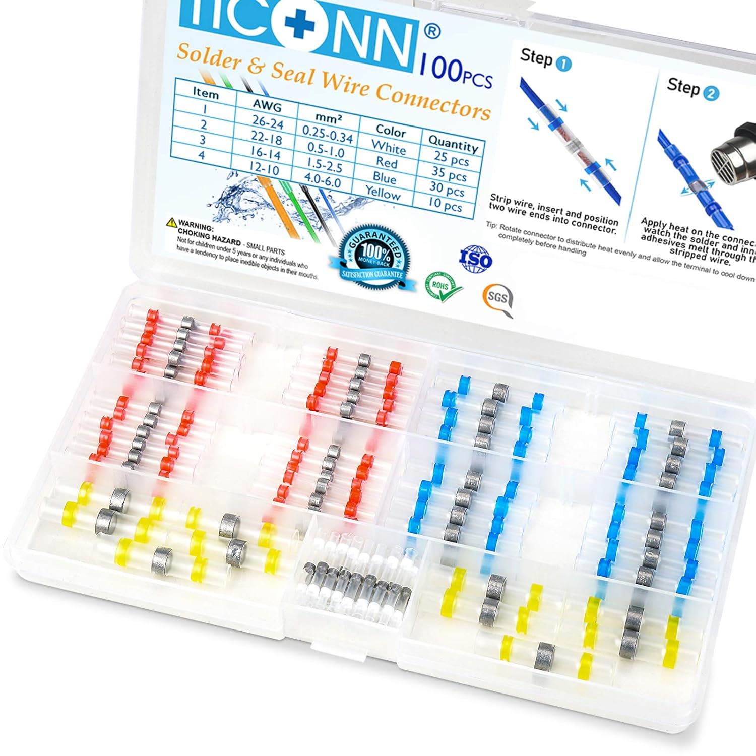 TICONN 100 Pcs Solder Seal Wire Connectors, Heat Shrink Butt Connectors, Waterproof and Insulated Electrical Wire Terminals, Butt Splice (100PCS)