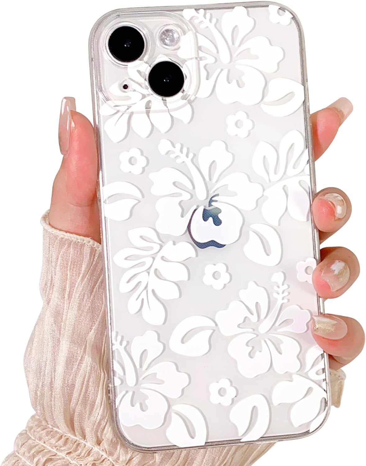 Compatible for iPhone 14 Case Cute Clear Hibiscus Flower Floral Aesthetic Printed Design for Girls Women Soft TPU Shockproof Protective Girly for iPhone 14-White