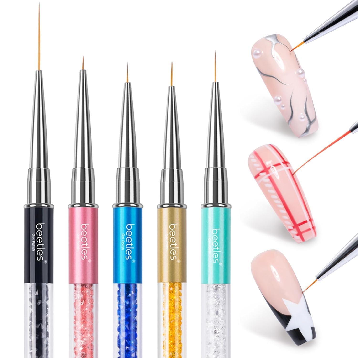 Beetles Gel Polish Nail Art Liner Brushes 5Pcs Painting Art Design Pen Set Diamond Application Rhinestone Handle Dotting Drawing Sizes 5 7 9 11 20mm Nail Art Design Gift for Women