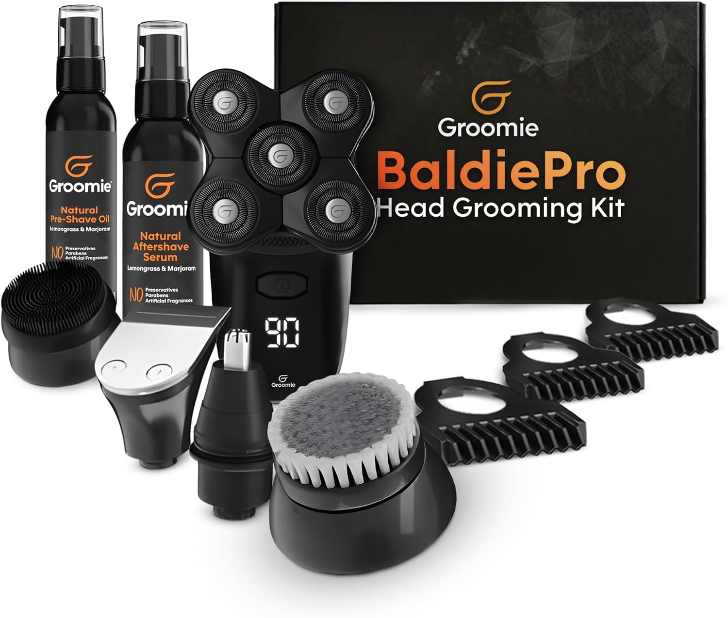 GROOMIE No Hair, Don't Care Bundle - 5D BaldiePro Electric Head Shavers for Bald Men, Natural Pre-Shave Oil to Promote Close Shave, & Natural Aftershave Serum - Mens Head Shaver Kit w/Electric Razor