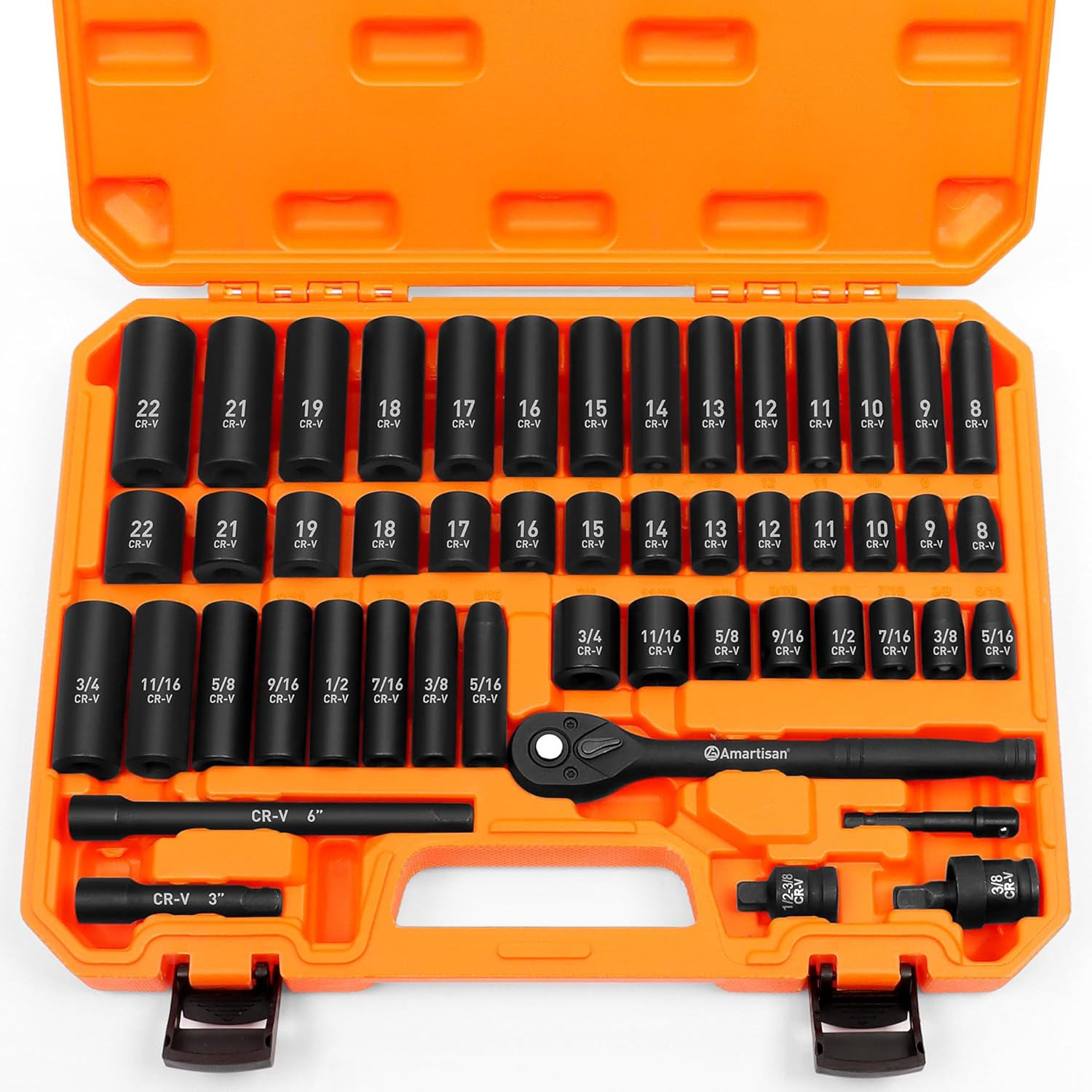 Amartisan 3/8 Drive Impact Socket Set, 6 Point, 50-Piece Standard Metric (8-22mm) and SAE (5/16-Inch to 3/4-Inch) Cr-V Steel Sockets with Adapters & Ratchet Handle