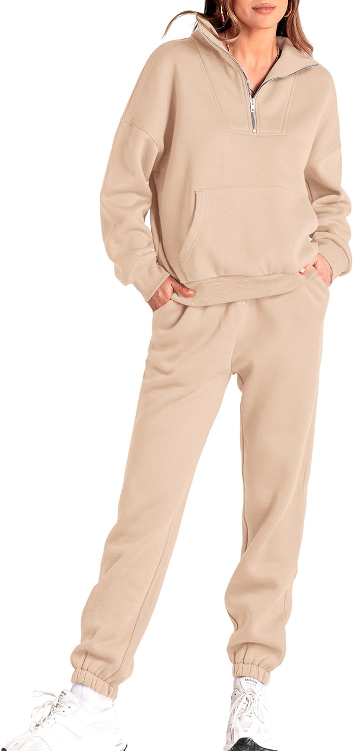 BTFBM Women 2 Piece Tracksuits Fall Winter 1/4 Zip Sweatshirt Jogger Pants Matching Lounge Sets Thick Sweatsuits Pockets