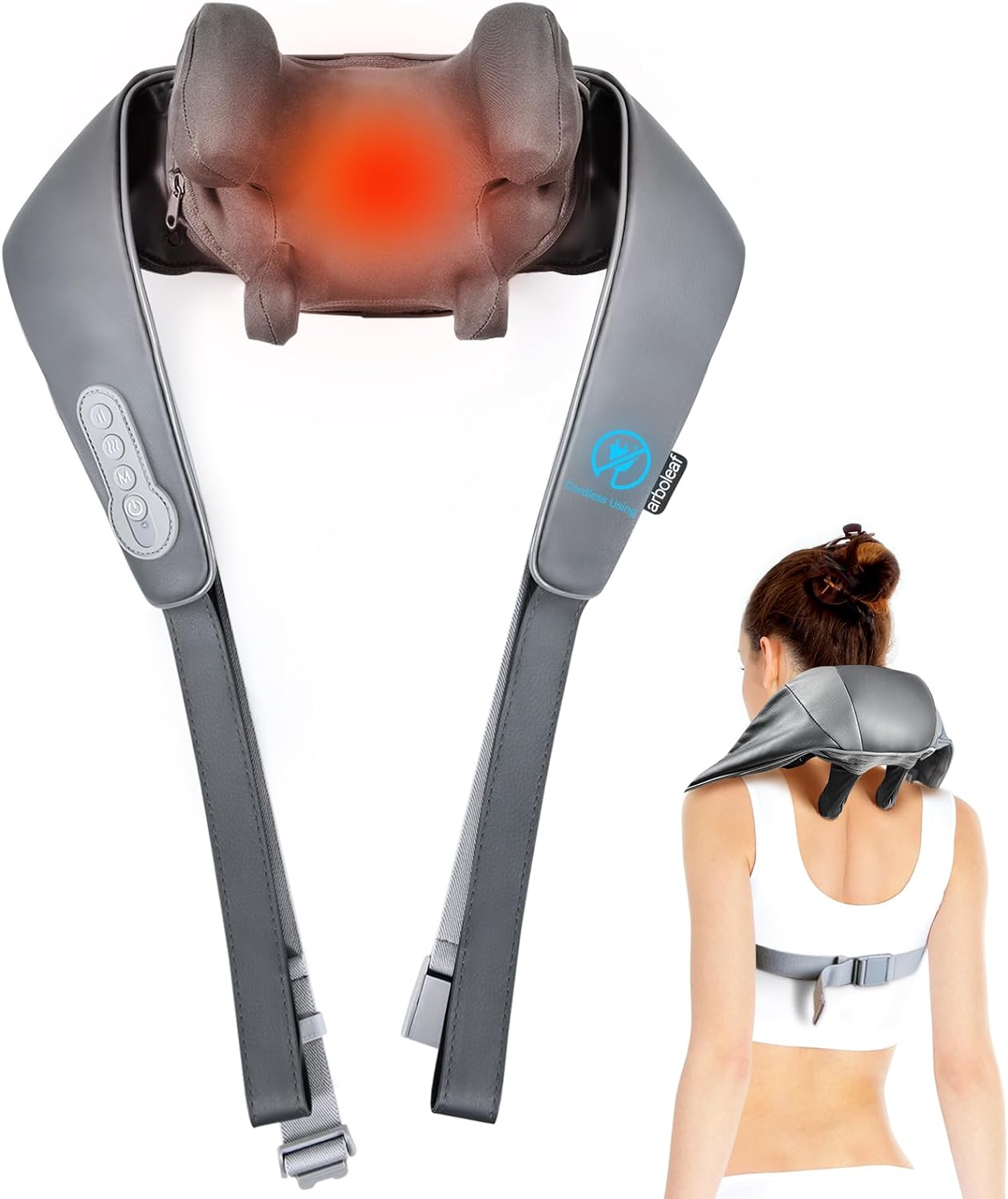 arboleaf Neck Massager for Pain Relief Deep Tissue, Shiatsu Neck and Shoulder Massager with Heat, Hands-Free, Cordless, Gift for Men Women