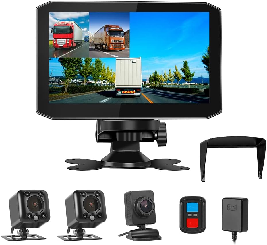 VSYSTO WiFi 3CH Truck Dash Cam, 7 Inch Monitor HD 1080P Front Camera, Left&Right Infrared Night Vision Rearview Mirror Cameras, Backup Camera for RV Semi Trailer Van Tractor Car, GPS (7 Inch Screen)