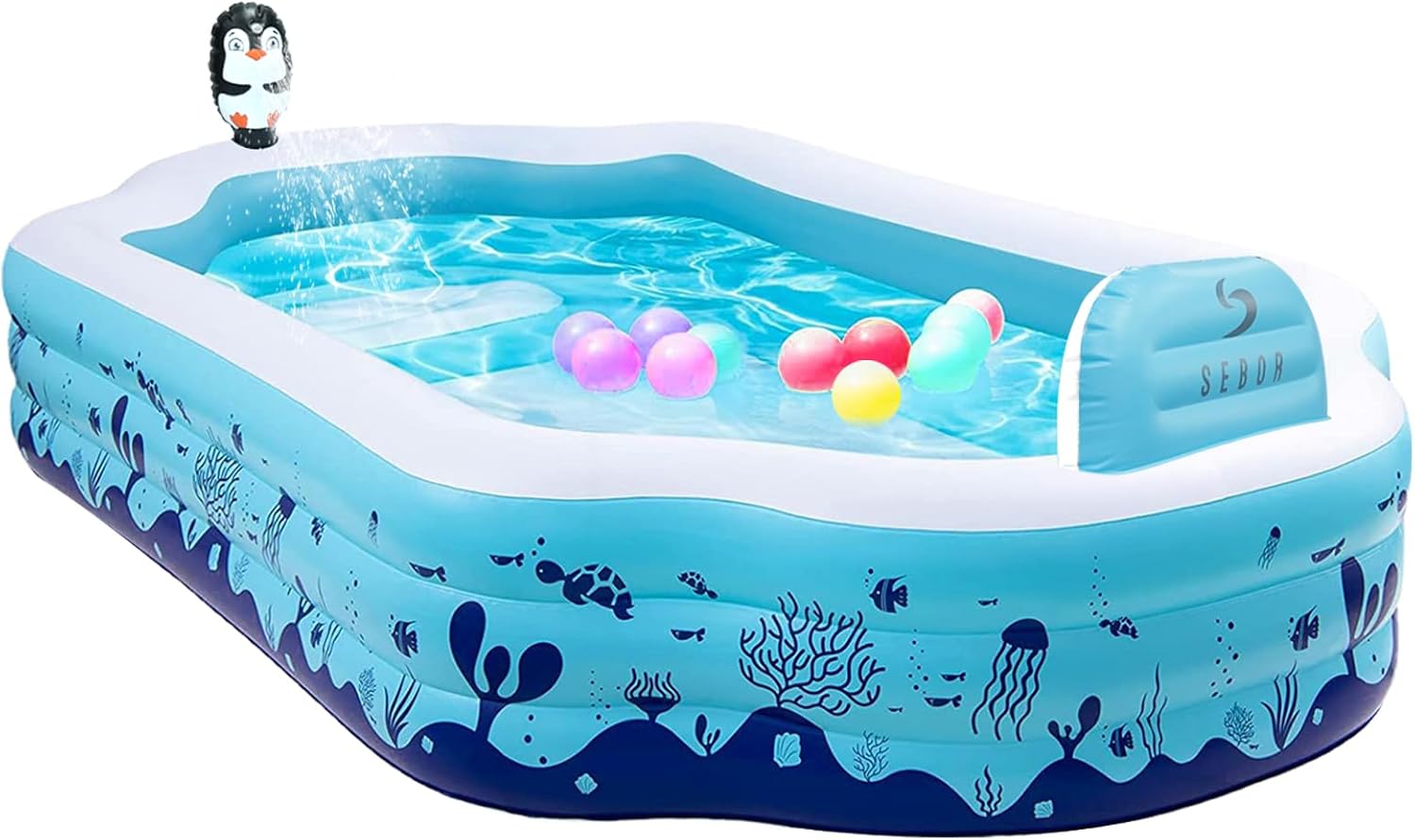 Inflatable Pool with Seat and Sprinkler - Large 124'' x 71'' x 20'' above Ground Swimming Pool for Family, Adults, and Kids - Thickened Design for Backyard, Garden, and Outdoor Fun (Blue)