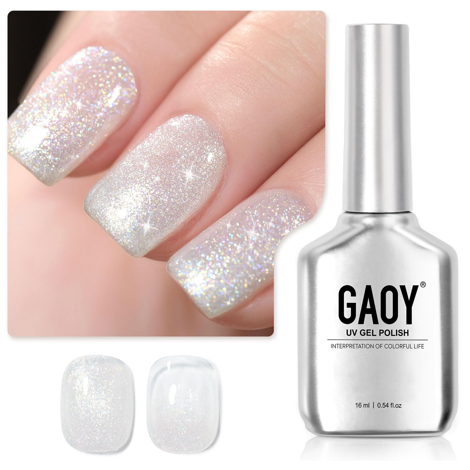 GAOY Shimmer Gel Nail Polish, 16ml Translucent Jelly Glitter Gel Polish, Soak Off UV Gel for Nail Art DIY at Home, 1608 Pearl White