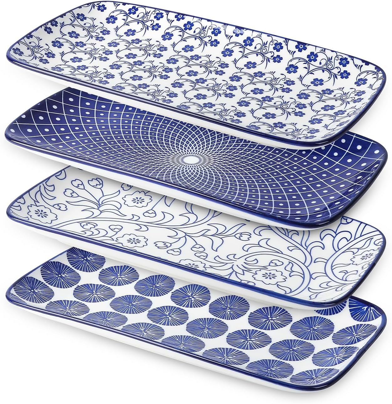 Selamica Ceramic Rectangular Salad Plates Set, Dinner Plate 9.4 Inch Dessert Plates for Party Entertaining, Small Serving Plates for Appetizers, Sushi, Fruit, Set of 4, Gift, Vintage Blue