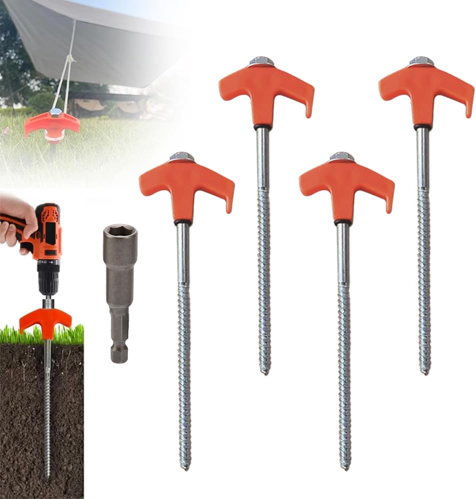 8 Screw in Tent Stakes - Ground Anchors Screw in,Heavy Duty Metal Stake Glow Tent Pegs,Drillable Tent Stakes Metal Threaded Tent Spikes Ground Anchor Peg with 1 Hex Head Driver (4, Red 20 cm)