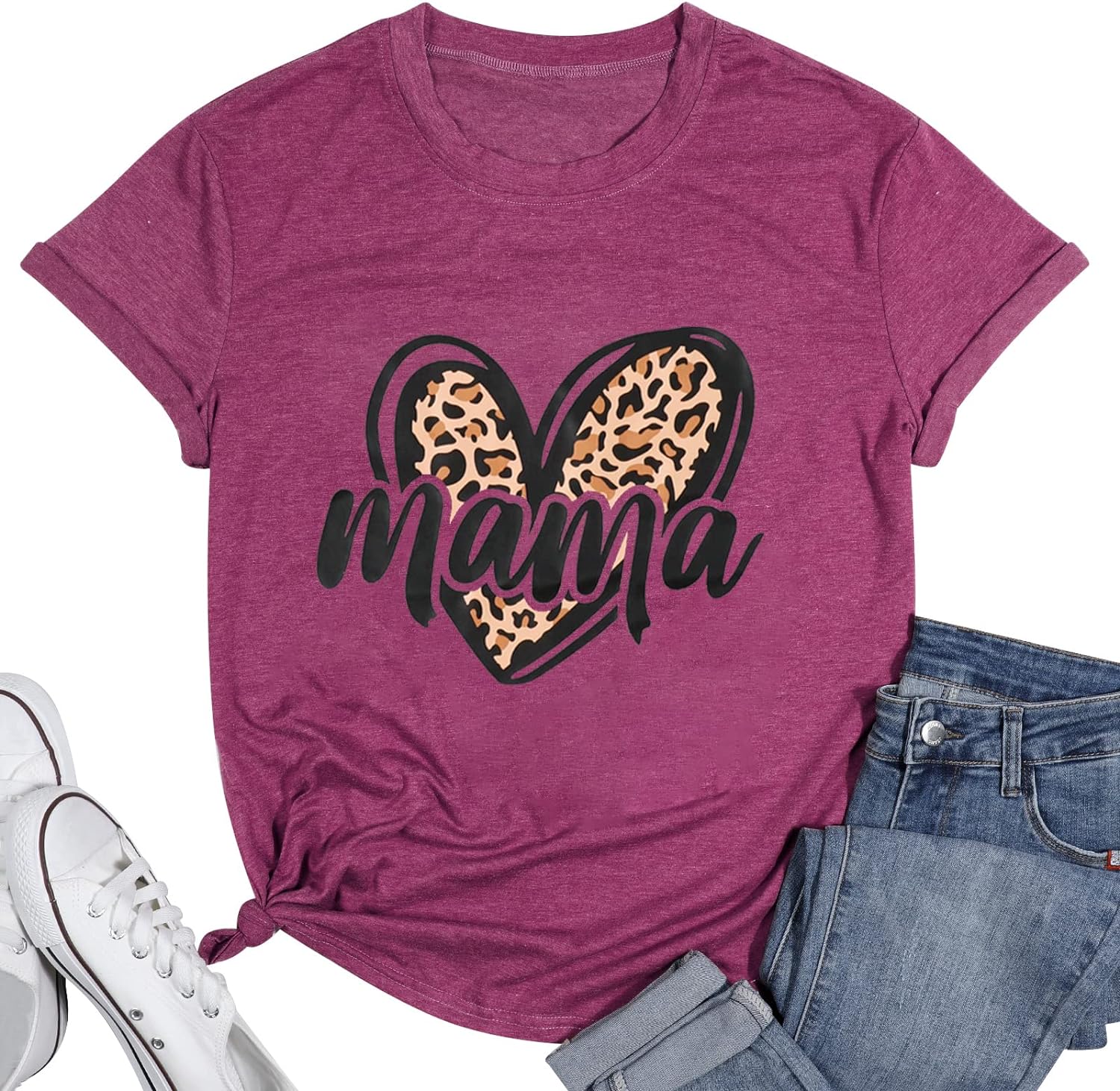 ALLTB Mama Shirts Womens Leopard Print Mom Tee Cheetah Love Heart Graphic Tshirts Short Sleeve Shirt Tops