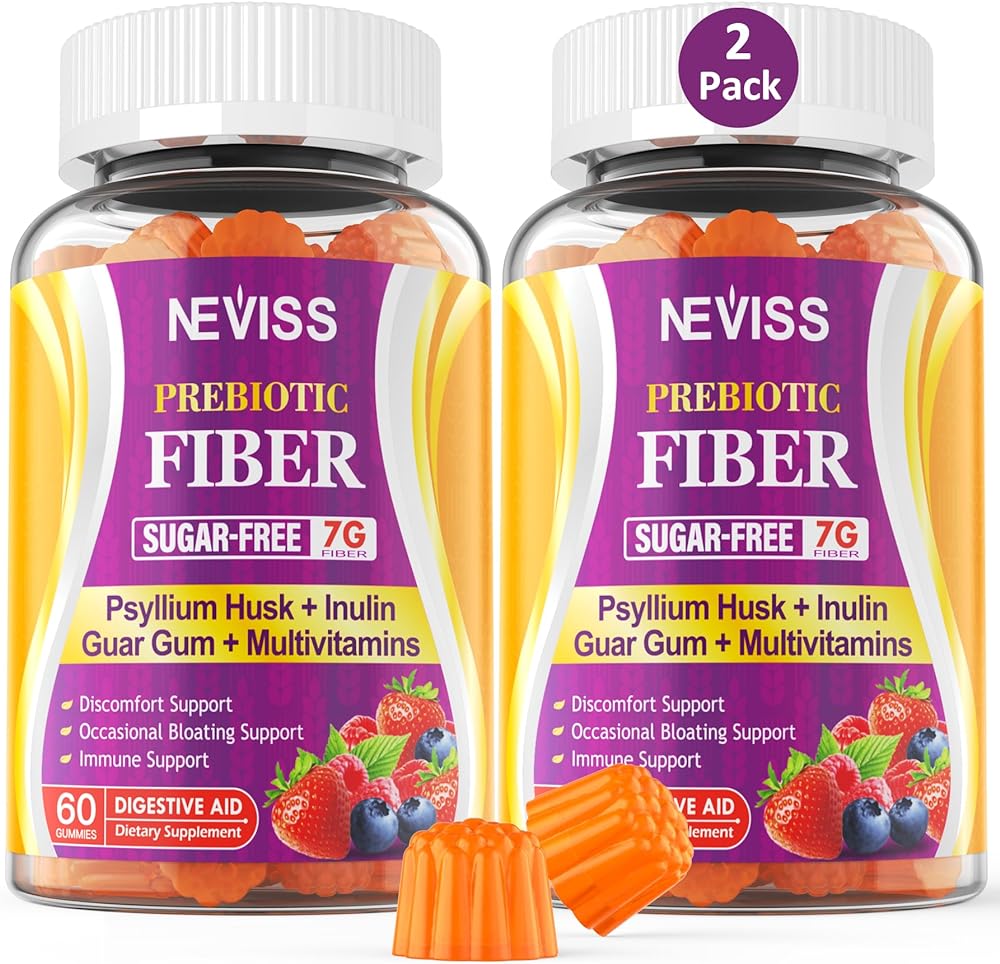 Sugar Free Psyllium Husk Prebiotic Fiber Gummies - 7G Fiber with 2000mg Prebiotic Fiber Blend & Multivitamins - Inulin, Fos, Guar Gum, Vitamin C D3 B6 For Daily Digestive & Regularity Gut (Pack of 2)