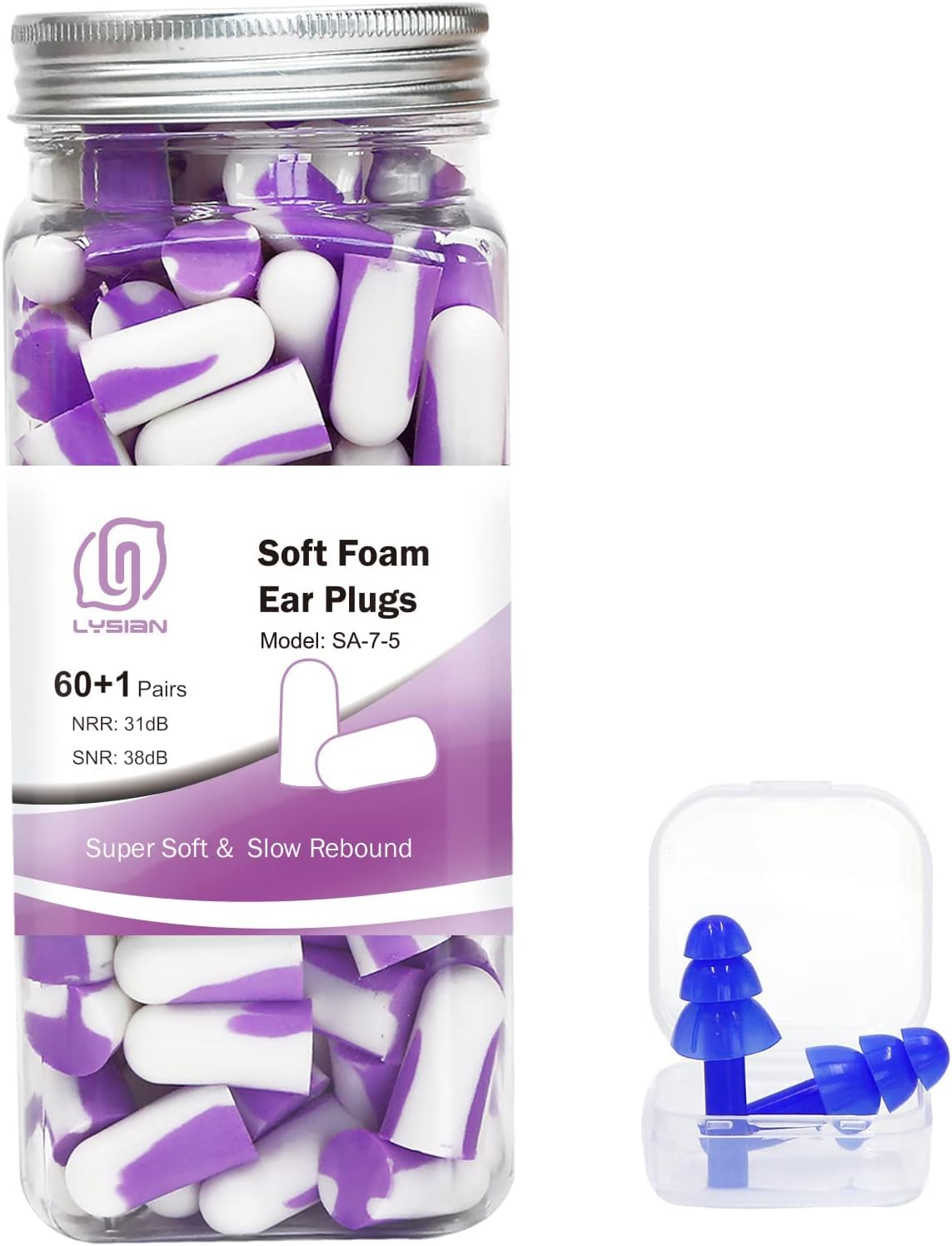 LYSIAN Ultra Soft Foam Ear Plugs Sleeping-Noise Cancelling Earplugs 38dB SNR - Sleep Ear Plugs Noise Reduction for Snoring, Mowing, Shooting Sound Block,Double Color Purple/White