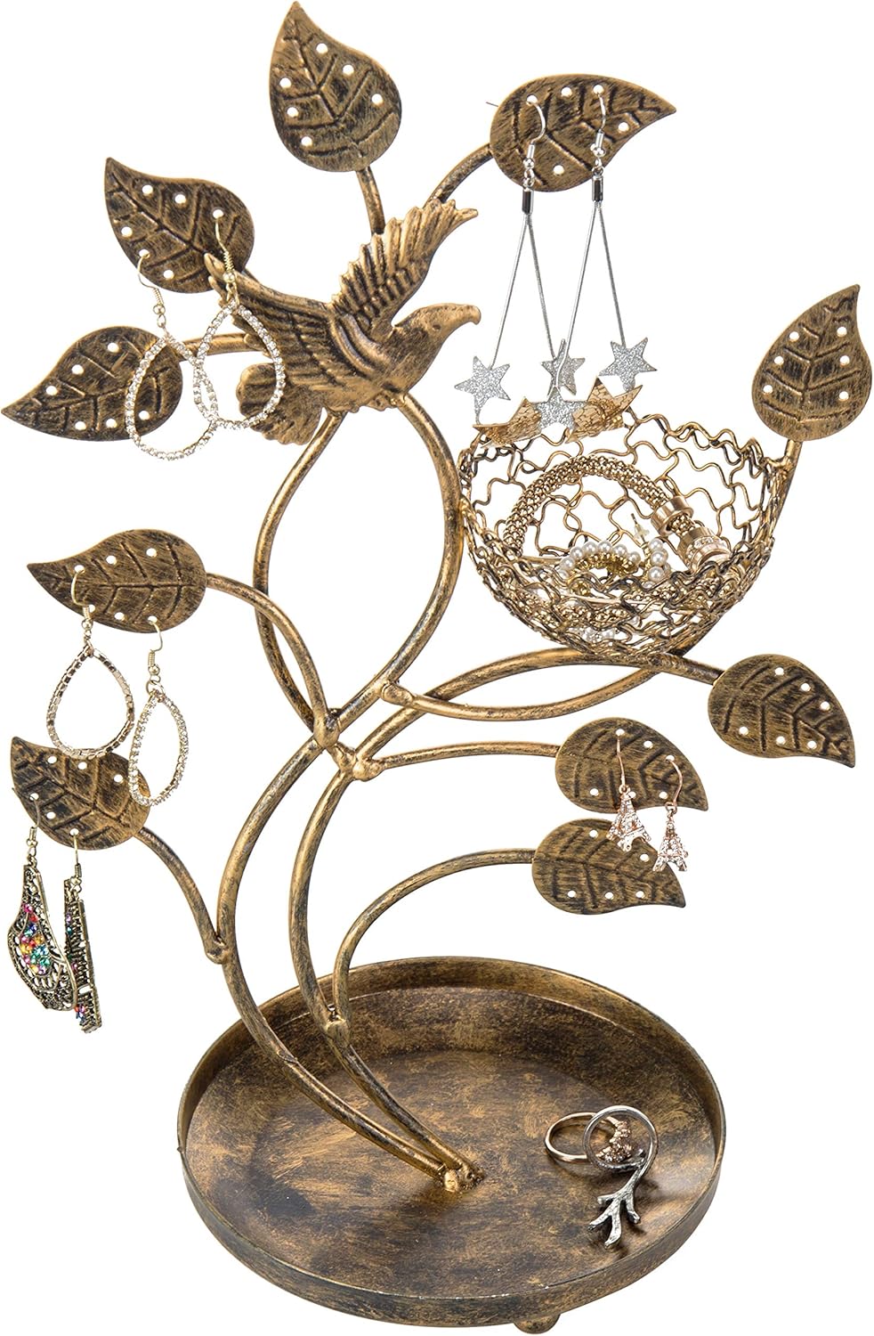 MyGift 14-Inch Bronze-Tone Tree & Bird Nest Earring Stand Jewelry Tower with Ring Trinket Organizing Tray