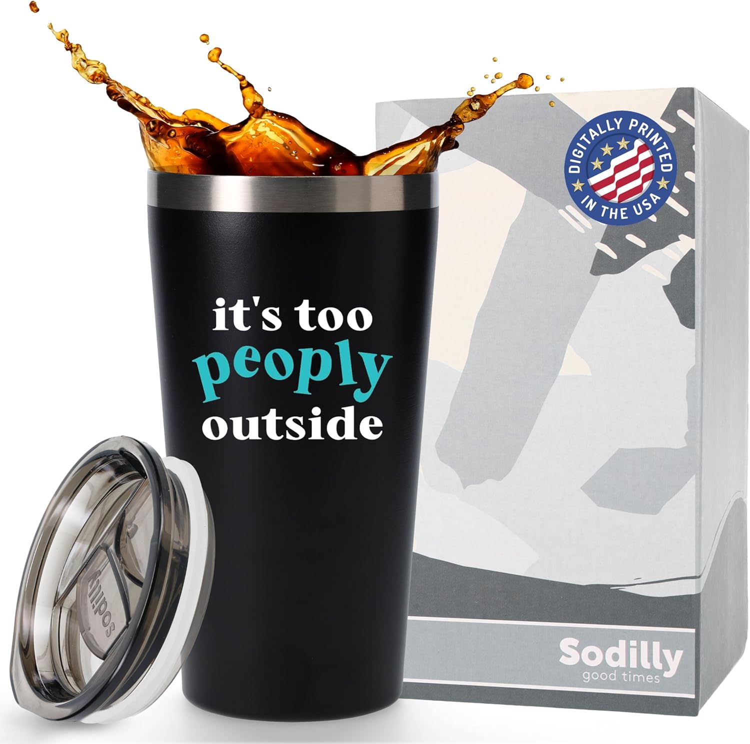 Sodilly Funny Gifts for Men Women - Too Peoply, 16 oz Insulated Coffee Tumbler with Lid, Black - Sarcastic Gifts - Gag Gifts Ideas - Funny Gifts for Coworkers - Funny Coffee Mug Tumbler For Men