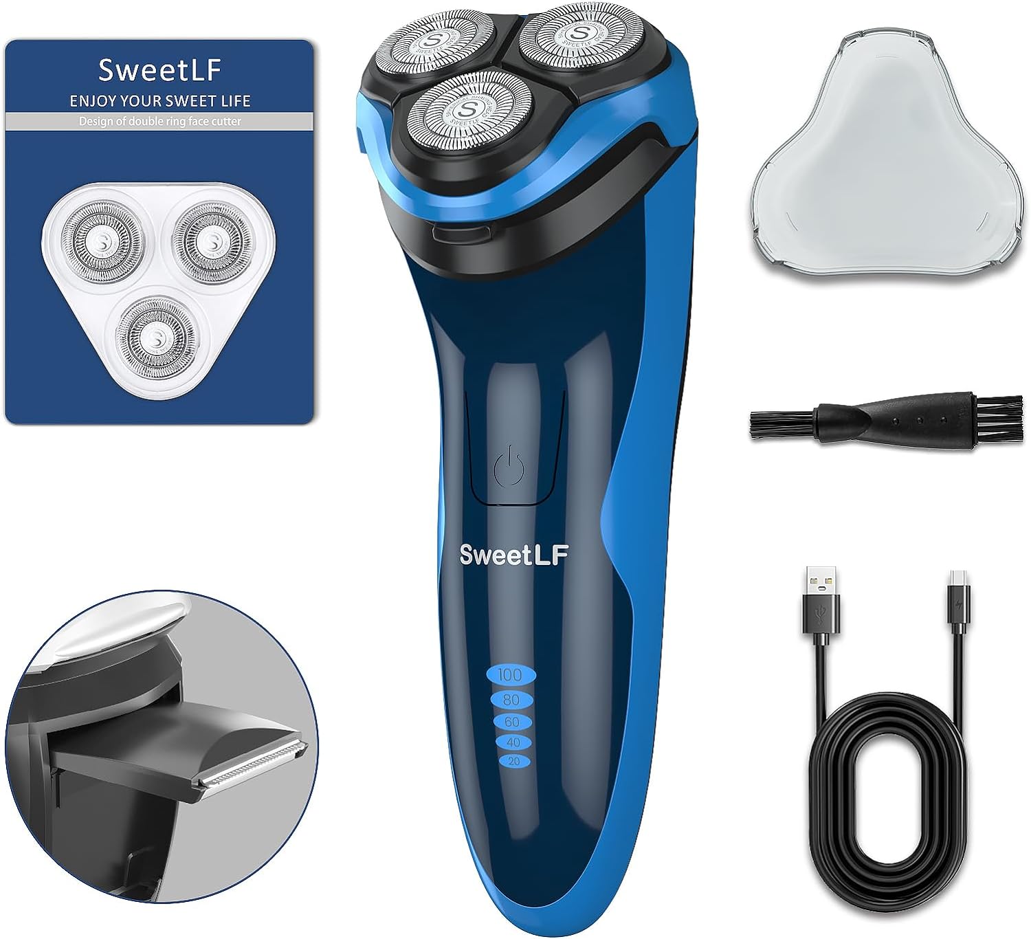 SweetLF Electric Razor for Men, 2023 News Electric Shaver for Men Waterproof/Rechargeable/LED Display, Mens Electric Shavers Wet & Dry Rotary Shavers Gift for Dad Husband Boyfriend (Black Blue)